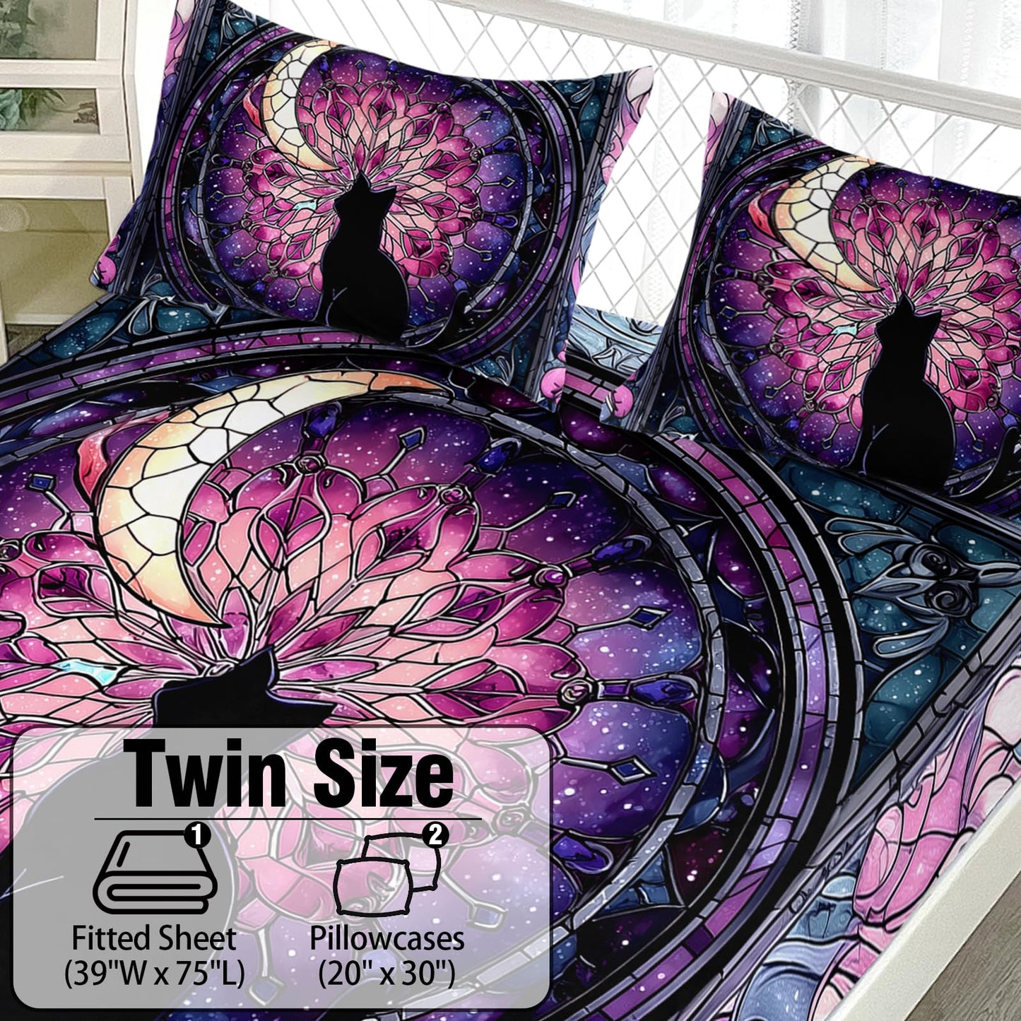 AILONEN Stained Glass Cat Fitted Sheet Set Twin Size,Purple Galaxy Mandala Celestial Bedding for Girls,3 Piece Black Kitten Room Decor with 2 Pillowcases,16" Deep Pocket