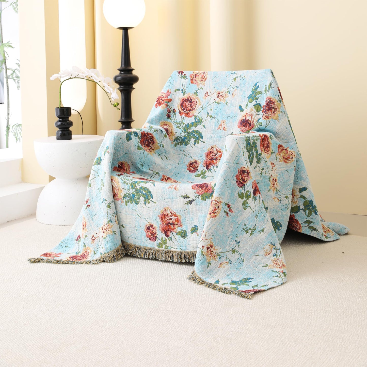 BRYALIX 100% Cotton Muslin Floral Throw Blanket, Blue with Rose Pattern, Lightweight Quilt, Boho Farmhouse Decorative Fringed Reversible Jacquard Throw for Home, Picnic, Travel, 60"x80"