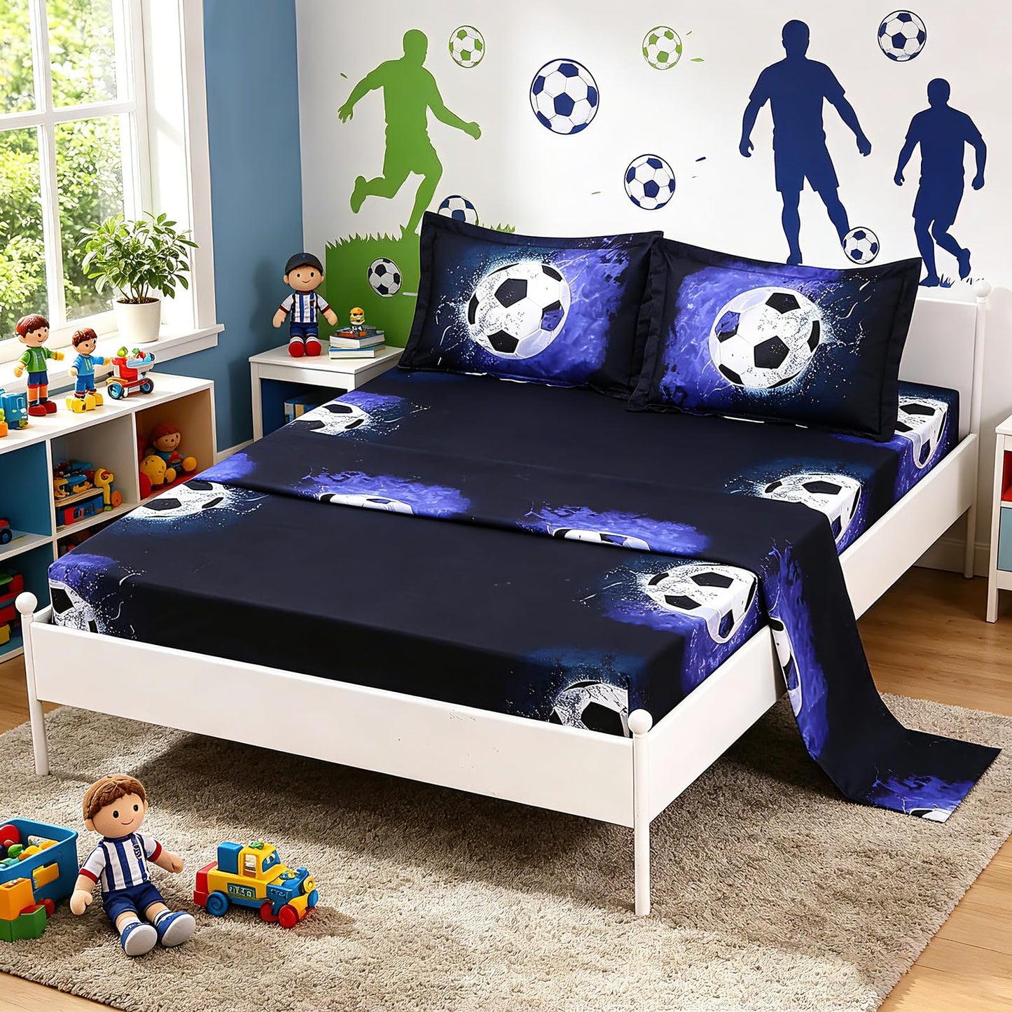 SDIII 4 Pieces Soccer Sheets Twin for Boys Girls Kids Teens, Soft Microfiber Sports Sheets Set Twin, Sports Bedding Sheet for All Season