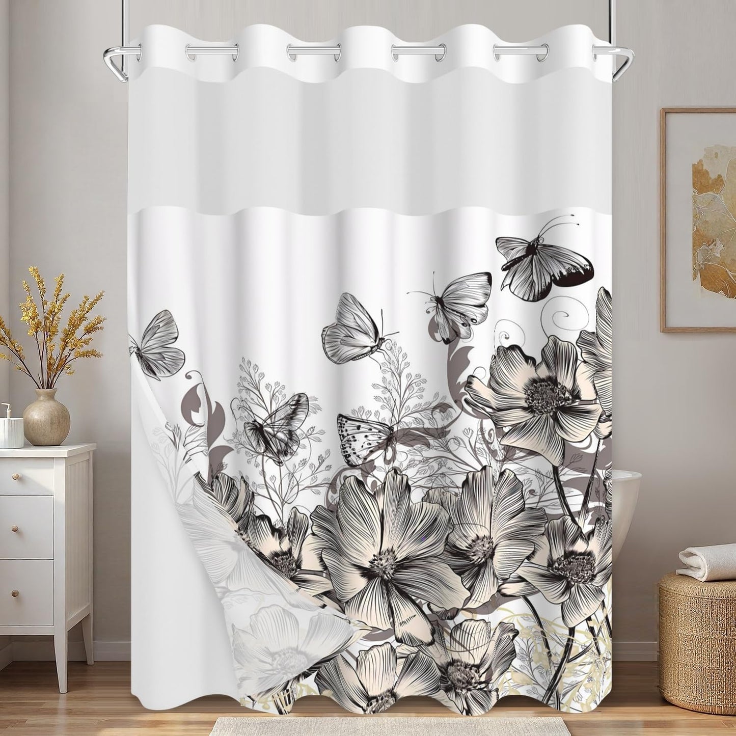 Xiazhilaio Butterfly Floral Shower Curtain with Snap in Liner, Waterproof Double Layer Bath Curtain with Mesh Top Window - Artistic Botanical Design for Farmhouse, Boho & Modern Bathroom, 71″W x 74″L