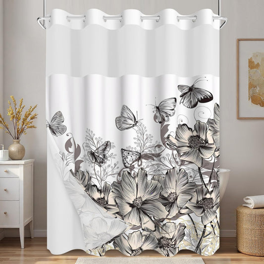Xiazhilaio Butterfly Floral Shower Curtain with Snap in Liner, Waterproof Double Layer Bath Curtain with Mesh Top Window - Artistic Botanical Design for Farmhouse, Boho & Modern Bathroom, 71″W x 74″L