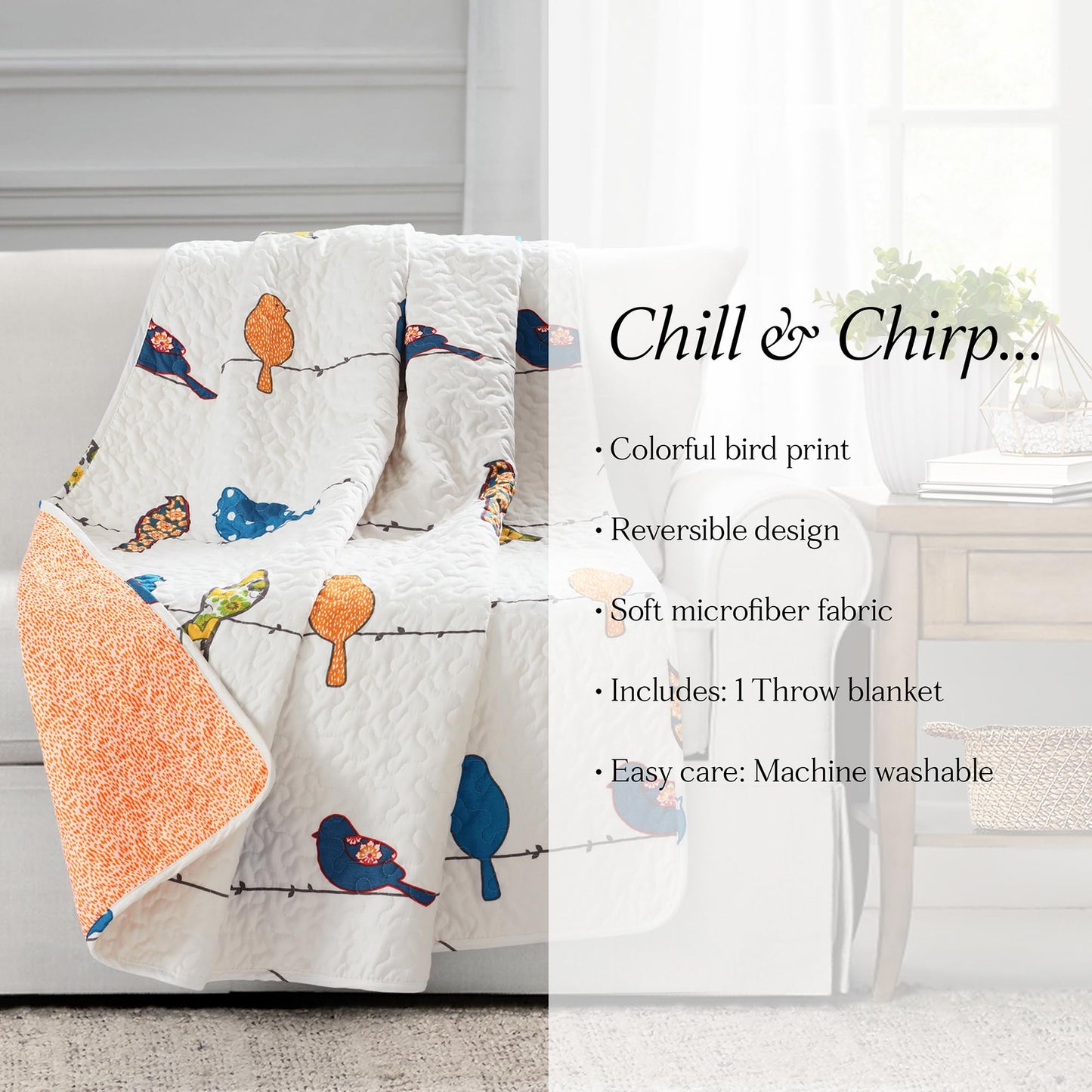 Lush Decor Rowley Birds Reversible Throw Blanket, 50" W x 60" L, Multi - Throw Blankets for Bed - Couch Blanket - Farmhouse Throw Blanket for Couch