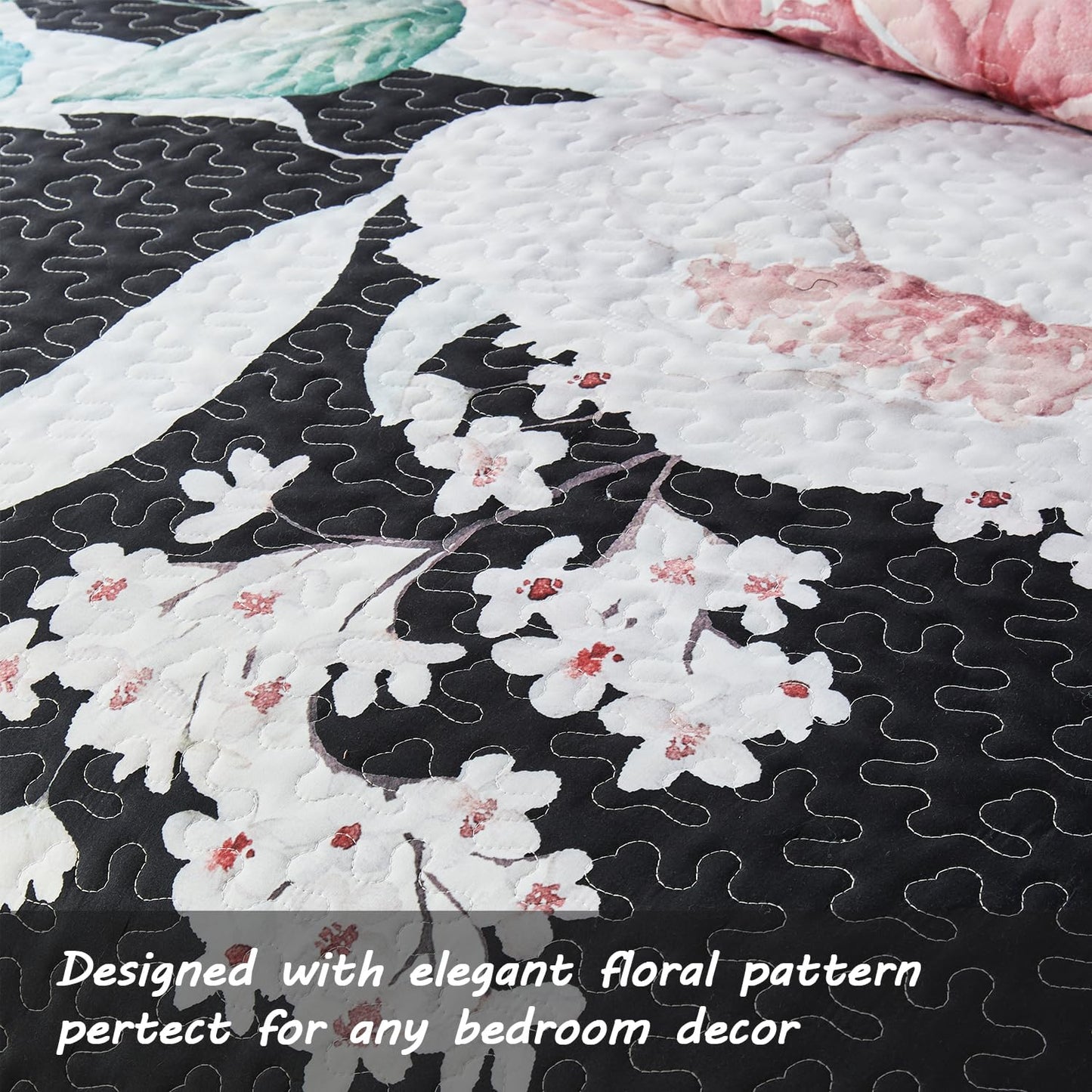 Yogeneg King Size Quilt Set, Pink Floral Botanical Pattern Black Bedding Set,3 Piece Lightweight Soft Summer Bedspread Coverlet with 2 PIillow Sham for All Season(Pink Floral,110"x96")