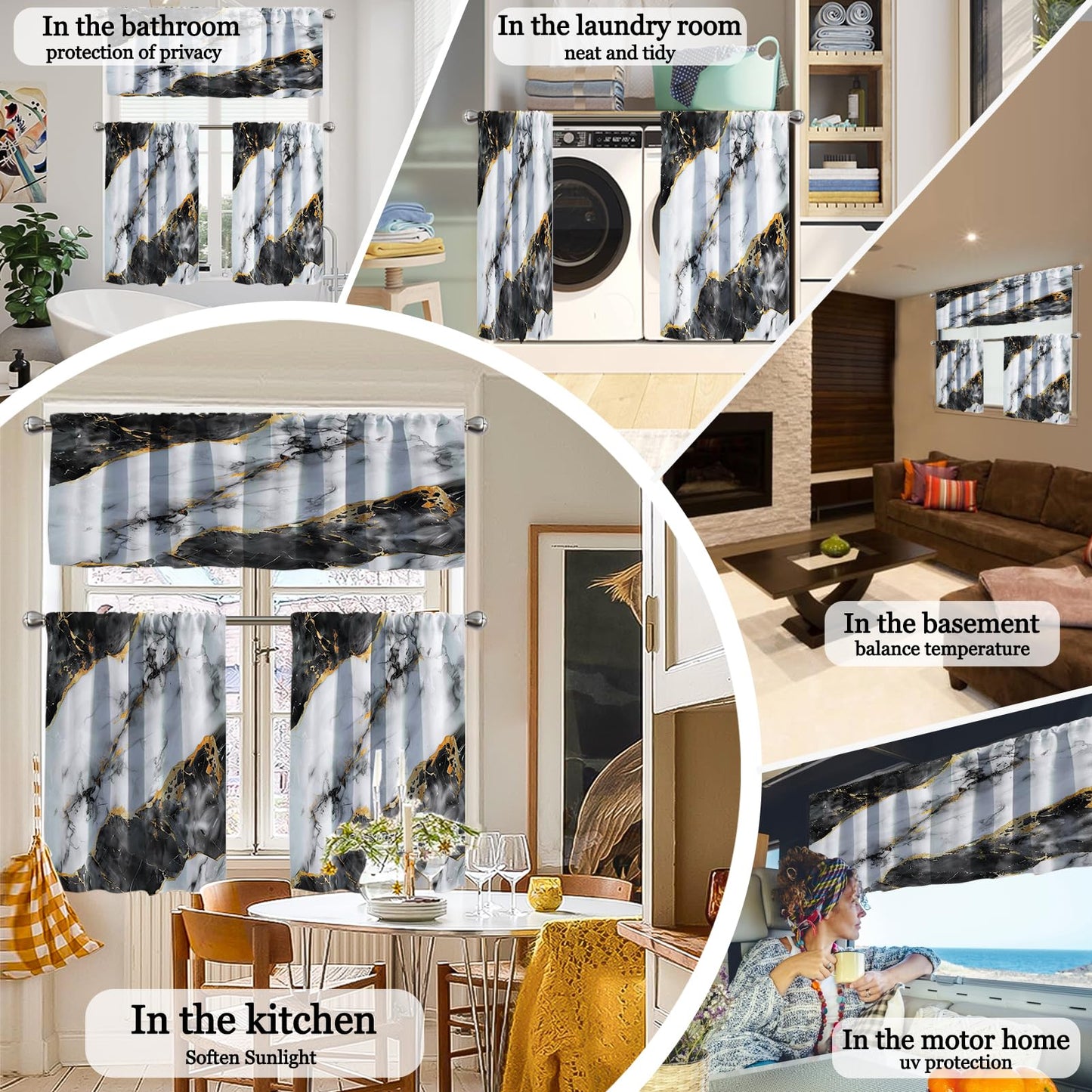 KINUUIS Black White Marble Blackout Kitchen Window Tier Curtains and Valance Set, 52 x 36 Inch Abstract Art Window Curtains Set with Rod Pocket for Small Windows, Living Room or Bathroom