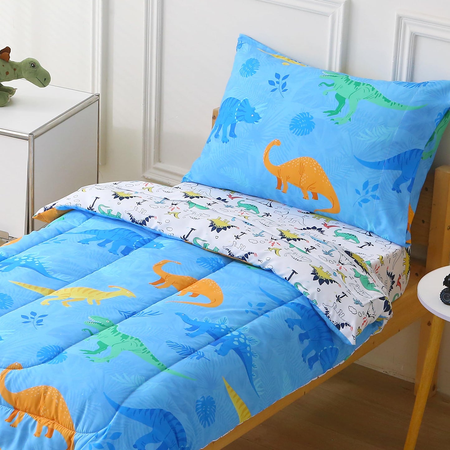 Viviland Blue Dinosaur Toddler Comforter Sets, Cute Girls Toddler Bedding Set, Soft Microfiber Toddler Bed Set
