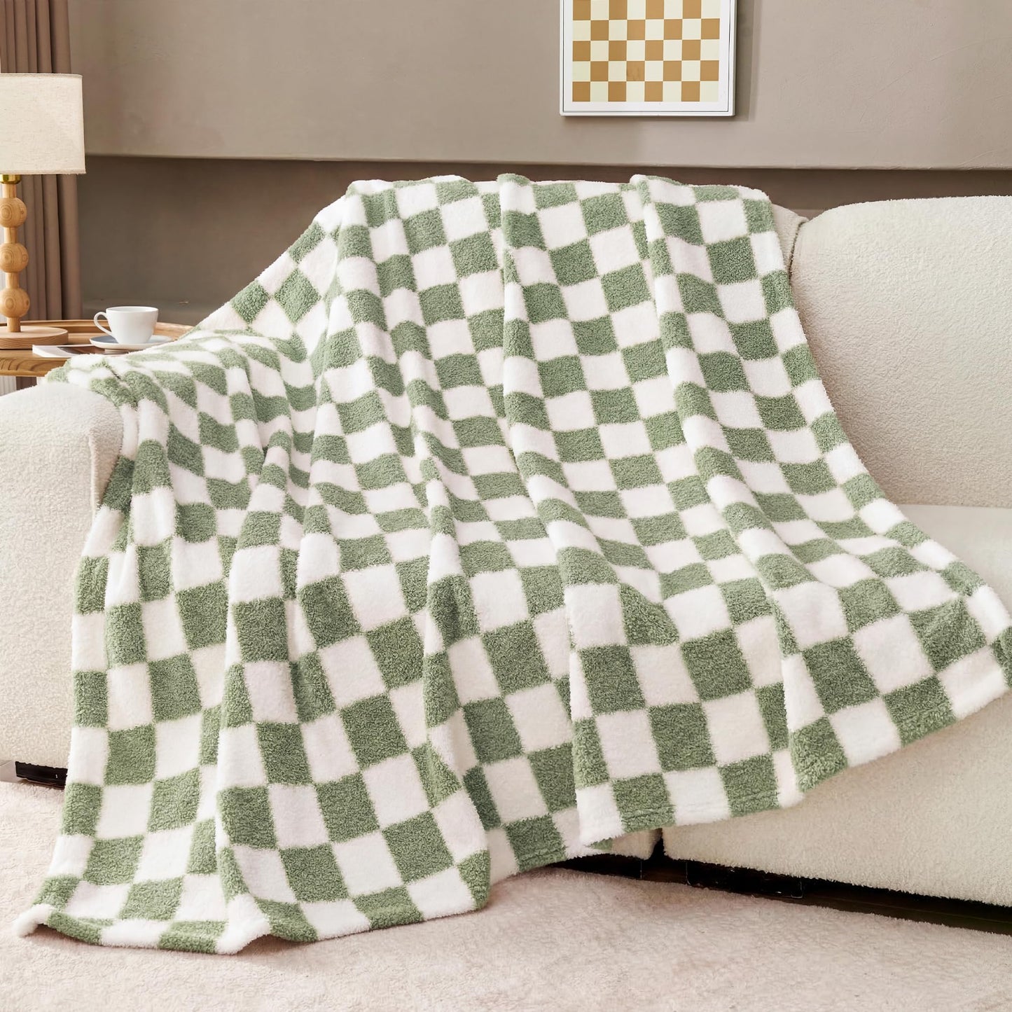 SUPRYNEX Sage Green Checkered Throw Blanket, Soft Plush Microfiber Fleece Blanket for Couch Sofa Travel, Cozy Decorative Home Blanket, All Season, 50x70 Inches