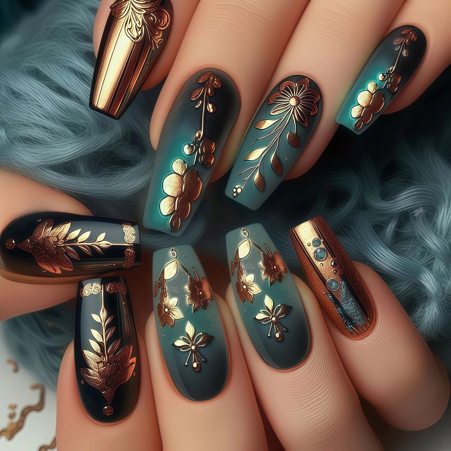 MERVF 24Pcs Long Coffin Press on Green Gold Fake Nails with Flower, Leaf Design Luxury Glue ons Acrylic Glossy Finish Manicure