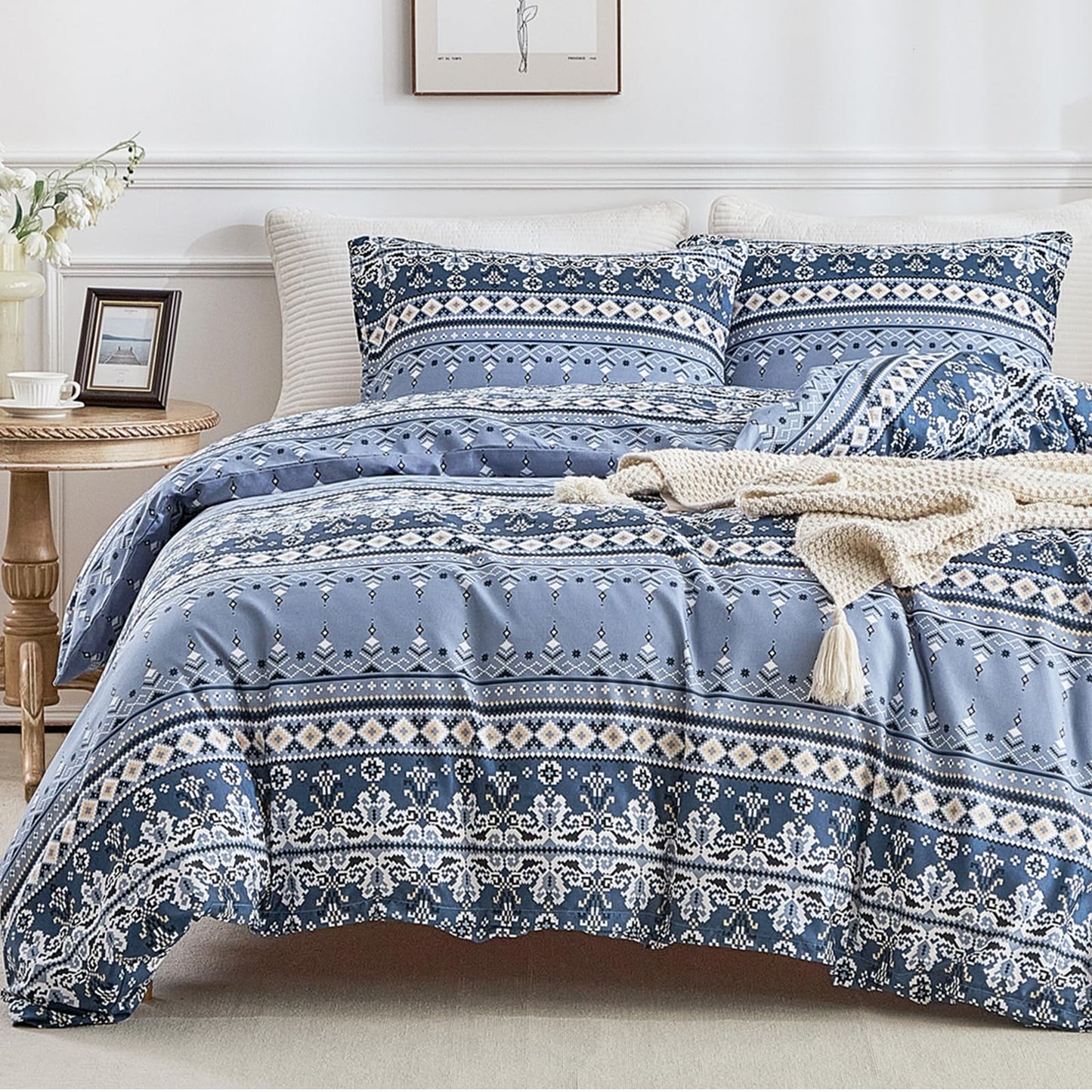 Lekesky Boho Duvet Cover King Size, Blue Comforter Cover King Size White Geometric Floral Printed Duvet Set, 3 Pieces Soft Microfiber Bedding Set with Zipper Ties (King, 104"x90")