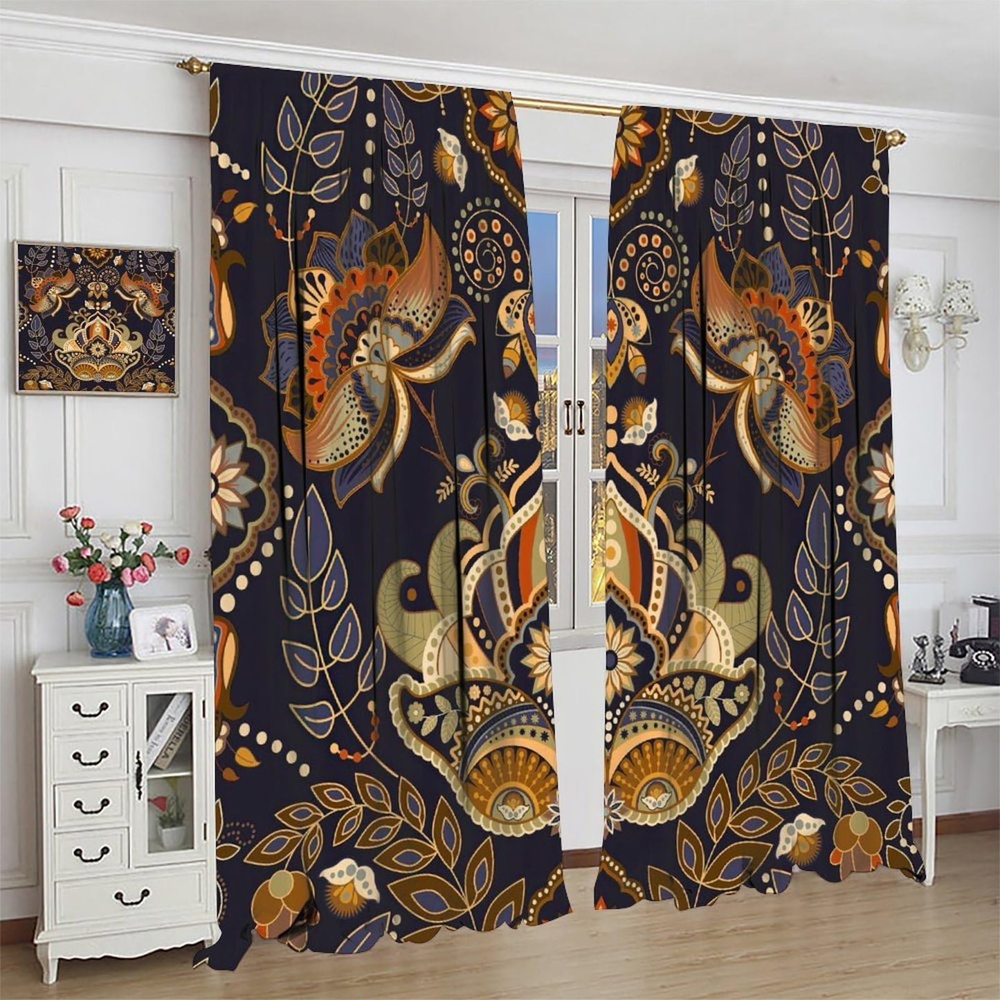 AuiMzoo Bohemian Printed Curtains, Tribal Abstract Floral and Botanical Pattern Window Treatments, Blackout Curtains for Bedrooms, Living Rooms, Kitchens Offices42X45 Inch