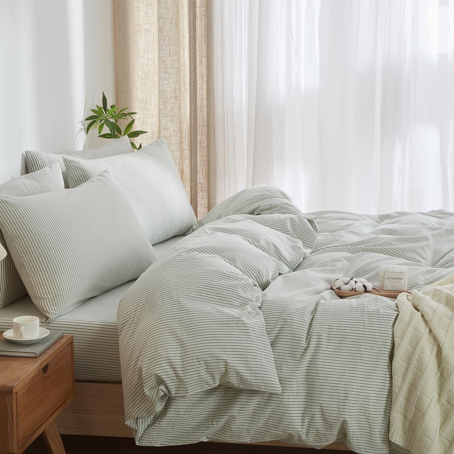 MWL Toy Striped Duvet Cover Set Queen Size 3 Pcs Breathable Durable 100% Washed Cotton Comforter Cover for All Seasons Chic Linen Like Textured Bedding Set (White Green Pinstripes, Queen)