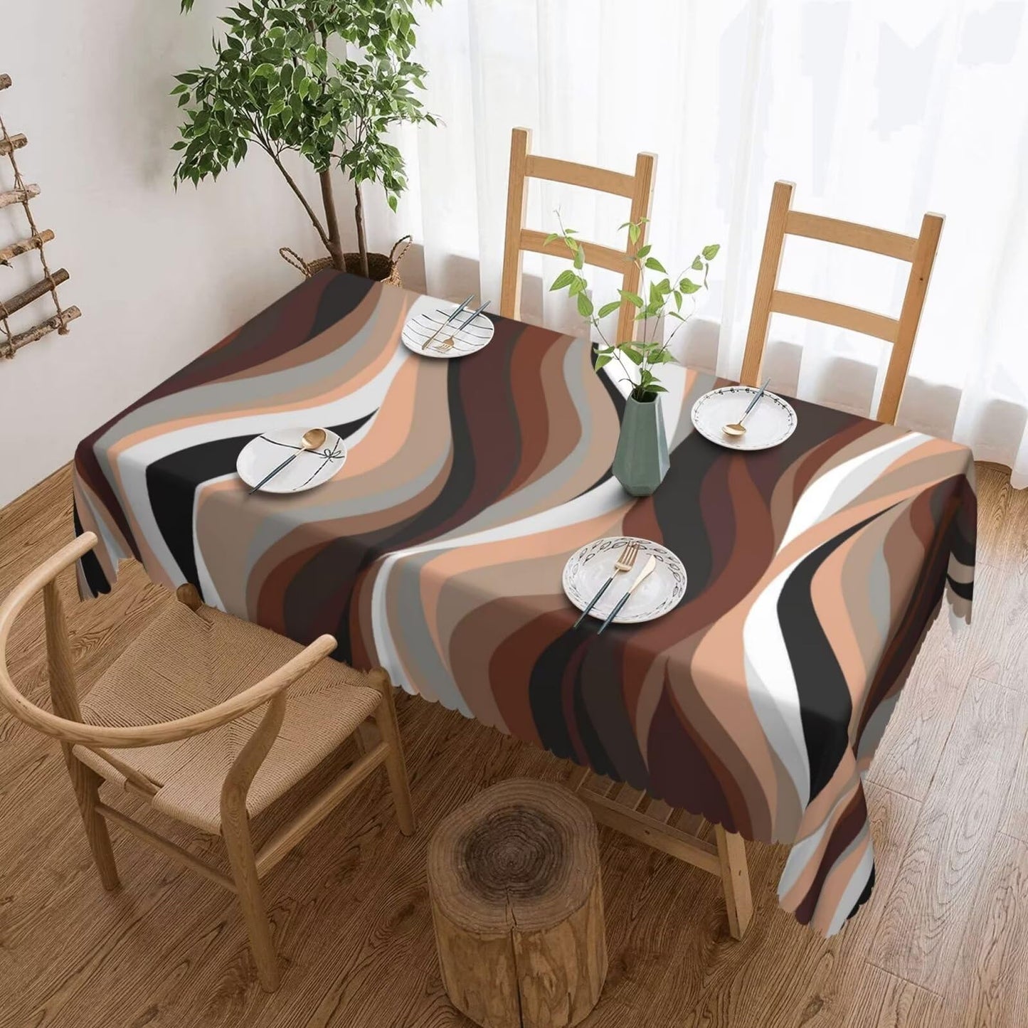 ZEJAYFEY Brown Abstract Rectangle Tablecloth Stripe Black White Gray Aesthetic Art Table Cloths Modern Irregular Washable Table Cover for Home Kitchen Dining Party Decor 54 x 72 Inch