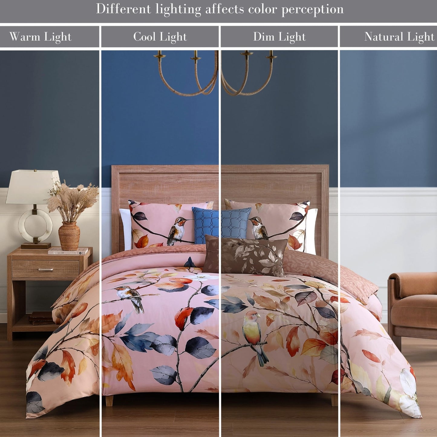 Bebejan Peachy Dogwood 5 Piece Comforter Set, 100% Cotton Sateen, 220 Thread Count, Pink Reversible Bedding Comforter Set, 1 Comforter, 2 Shams & 2 Pillows (King/Cal King)