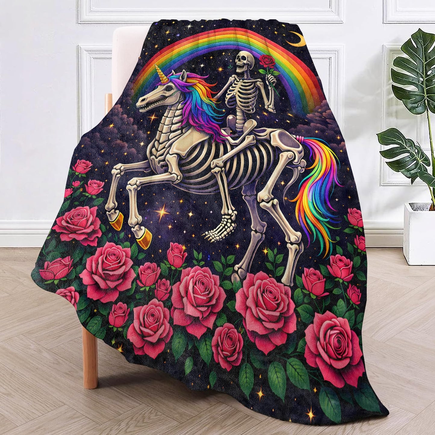 TRYYN Skull Unicorn Flannel Throw Blanket Gothic Skeleton and Hourse Pattern Fantasy Rainbow Night Sky Floral Decor for Goth Lovers Cozy Lightweight Fleece Blankets Bedroom Couch Gifts, 50x60inch