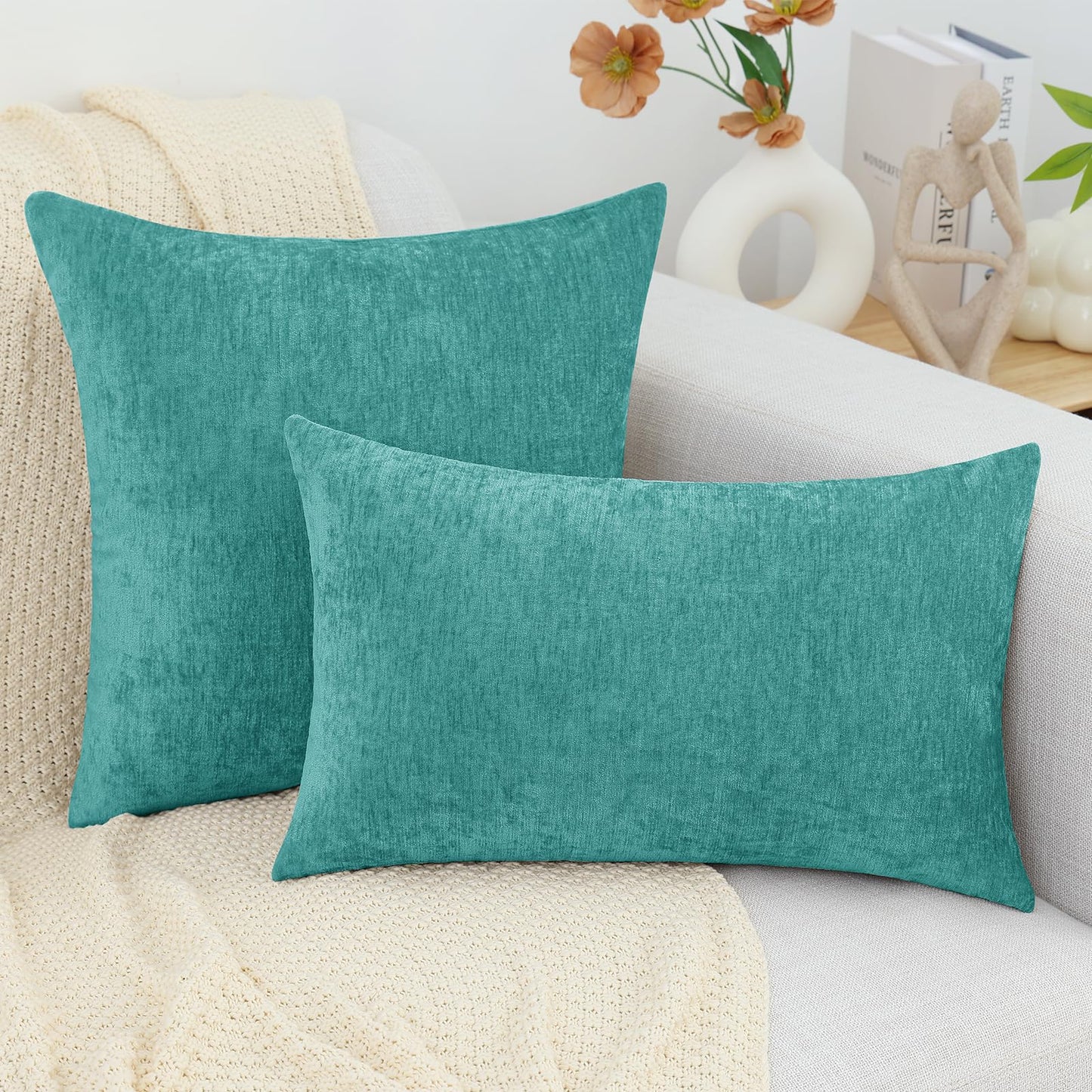 decorUhome Chenille Turquoise Summer Throw Pillow Covers 18x18 Inch Set of 2, Decorative Soft Couch Pillow Covers Solid Dyed Accent Farmhouse Neutral Square Pillow Cases for Sofa