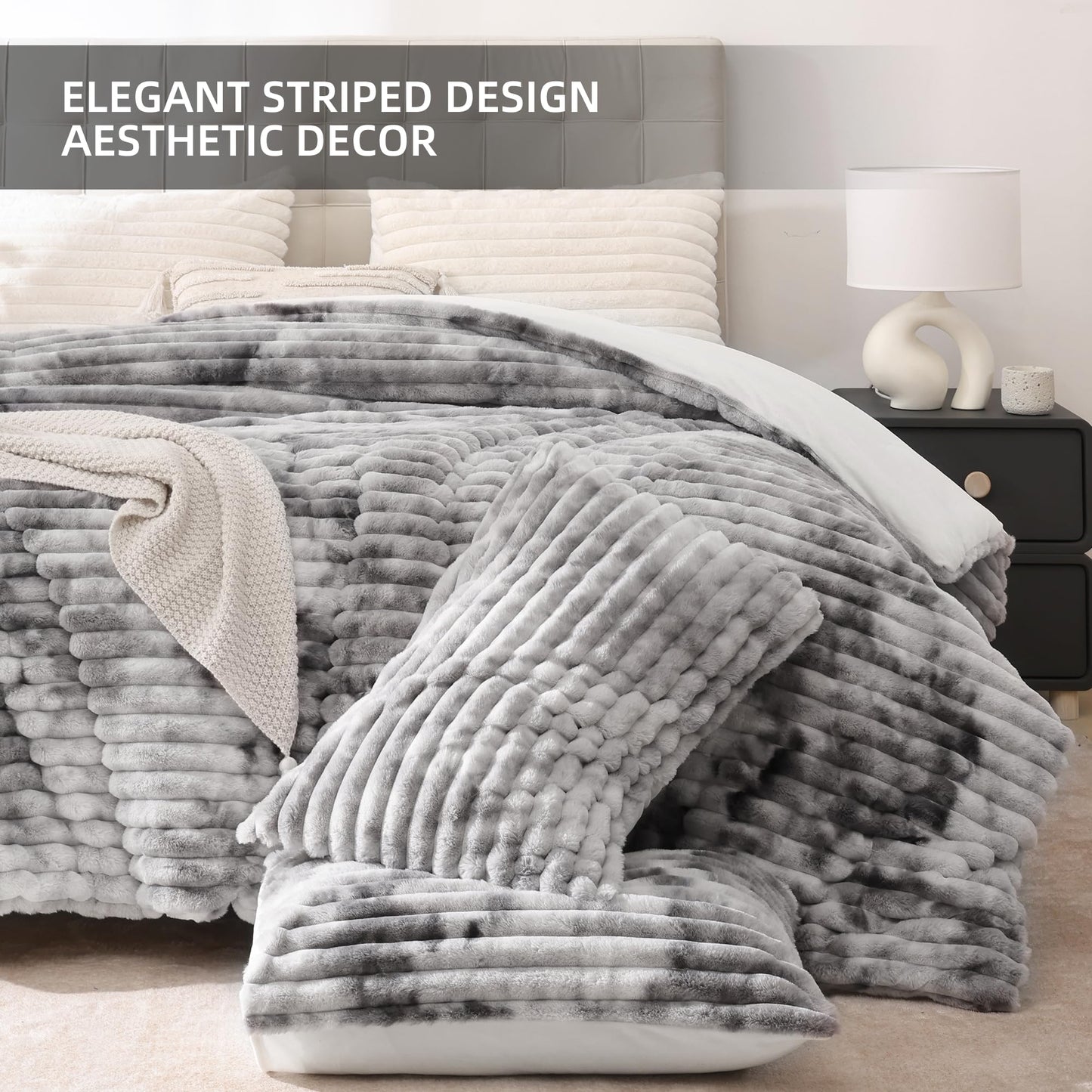Smoofy Fluffy King Size Comforter Set 3 Pieces - Tie-dye Grey Fleece Fluffy Comforter Set, Luxury Fuzzy King Bedding Set, Soft King Bed Set All Season, Heavy Faux Fur Comforter with 2 Pillow Cases