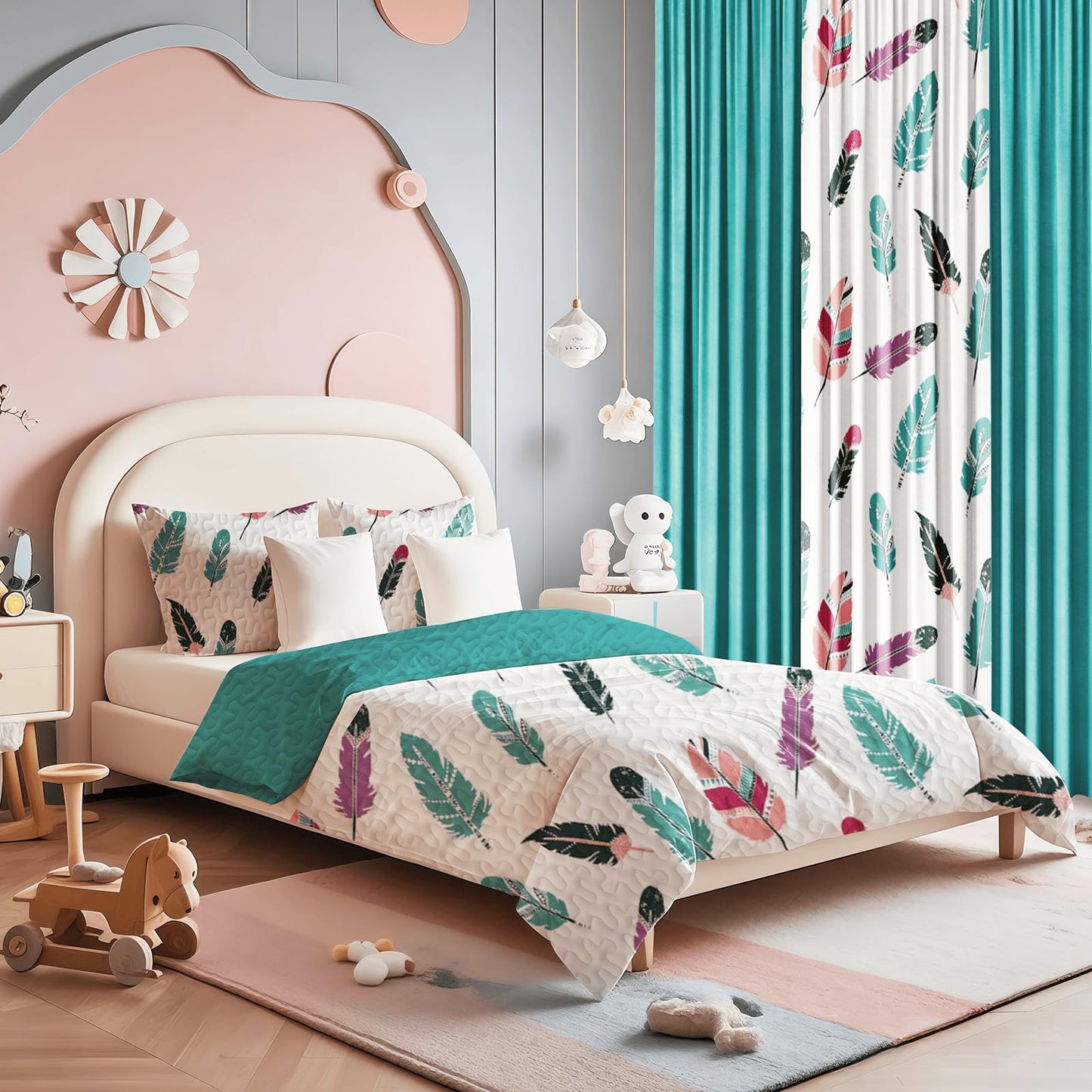 Chic 9-Piece Feather Print Queen Light Comforter Set with Matching Curtains, Green White Bedspread Set Ultra-Soft & Machine Washable Refined Update To Bedroom Decor, Ideal of All-Season Gift