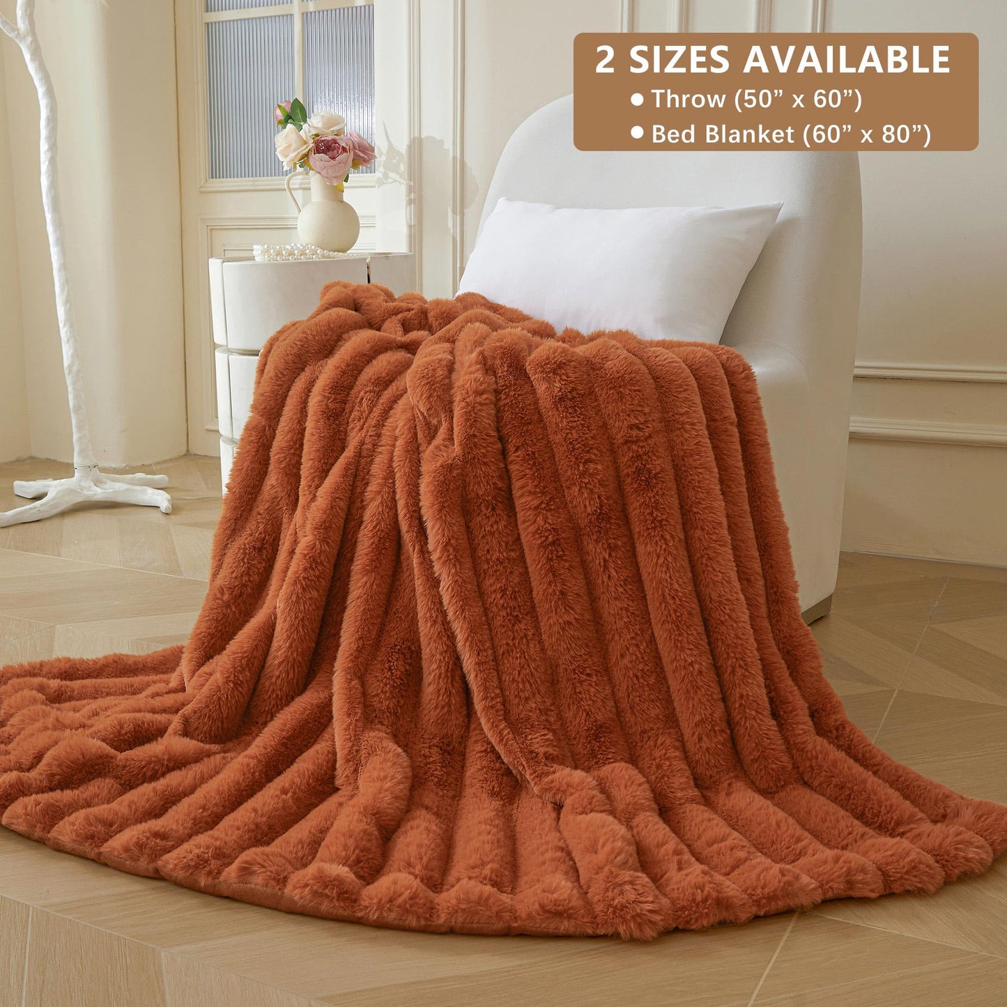 MEGO Fluffy Faux Rabbit Fur Throw, Luxury Stripe Plush Fuzzy Blanket for Bed Couch Sofa Chair, Decorative Shaggy Throw Bedroom Living Room, Furry Blanket Kids Girls Teens Adults, 50x60, Burnt Orange