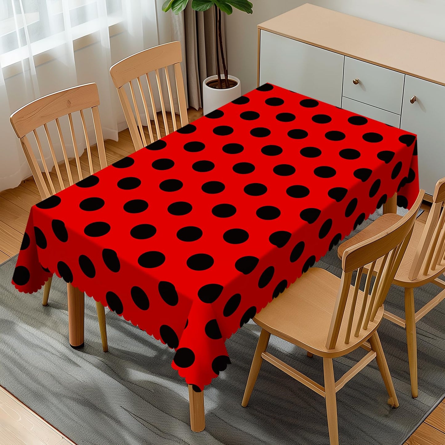 GOUROISE Ladybug Red Rectangular Tablecloth, Red Black Spots 54x72 Inch Wavy Lace Border Polyester Table Cloth for Dining, Kitchen, Parties