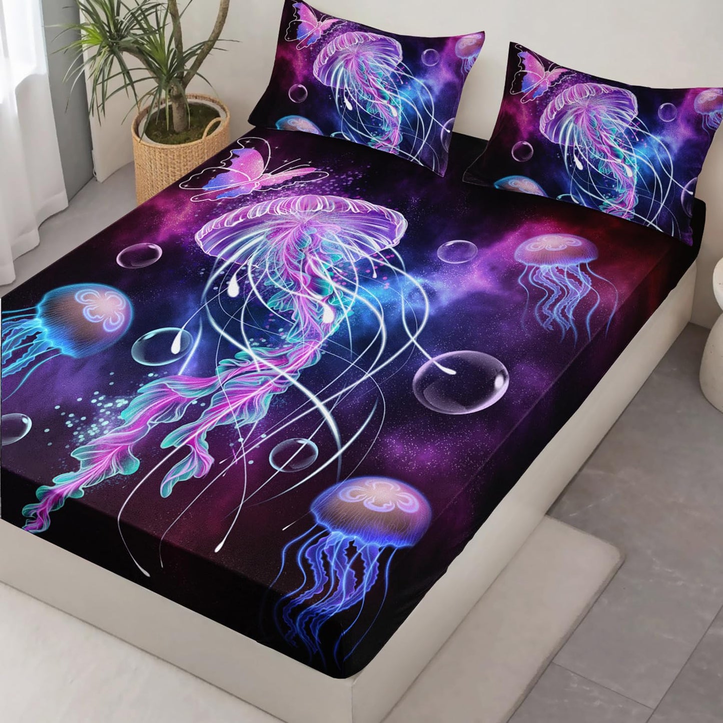 HOSIMA Jellyfish Printed Fitted Sheet Ocean Beach Theme Bedding Set 3 Piece,Universe Starry Sky Twin Bed in a Bag Set for Adults Kids Galaxy Bedding Room Decor Butterfly Bed Set.