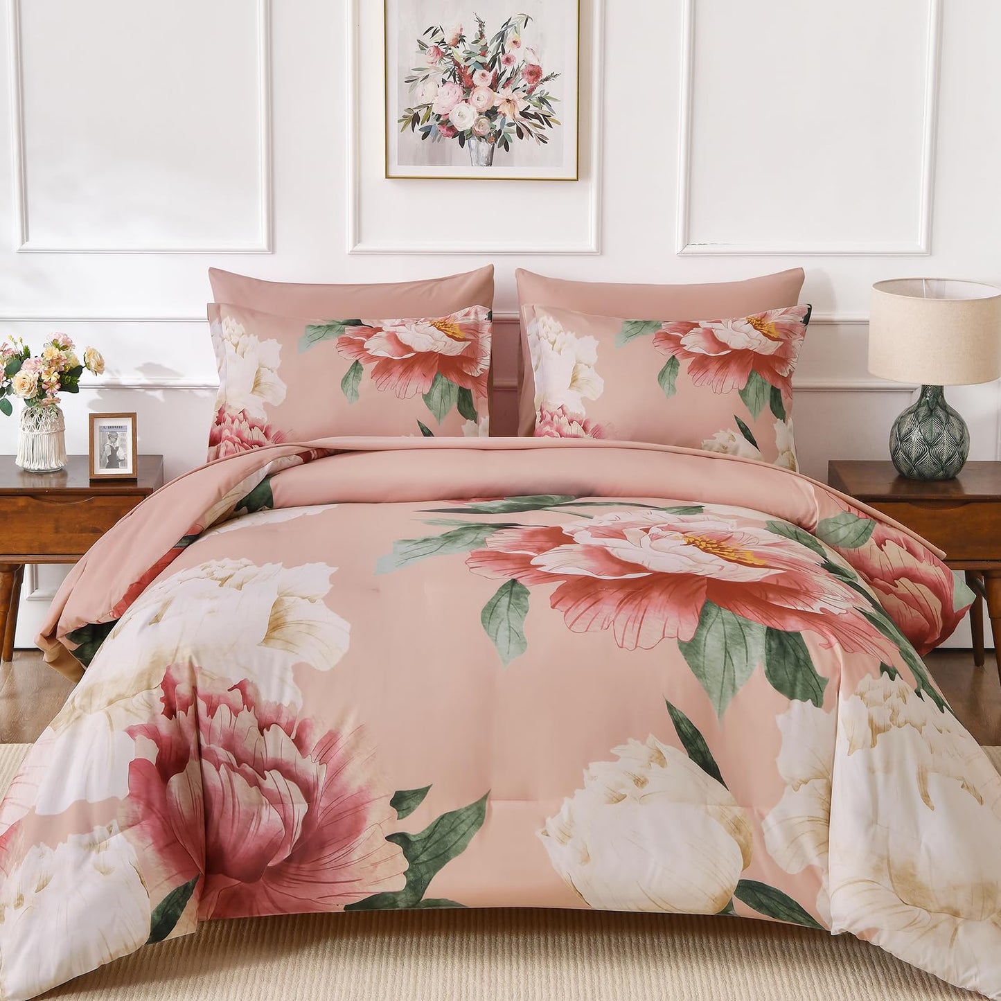 Dobuyly Coral Comforter Set Queen 7 Piece Bed in a Bag for Girls Women, Coral Pink Floral Bedding Set, Soft Microfiber Bed Set with Comforter, Sheets, Pillowcases & Shams