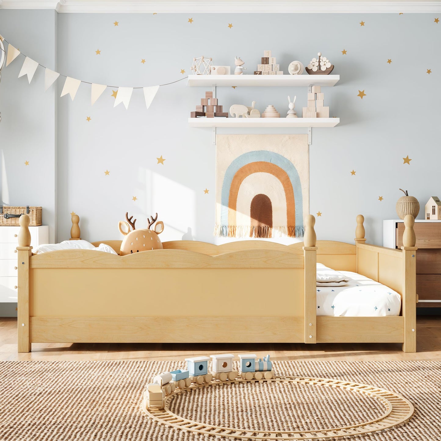 KEIKI Full Size Wood Montessori Floor Bed Frame with Beside Book Shelf, for Girls and Boys, Floor Bed with Full-Length Guardrails & Slats, Easy Assembly, No Box Spring Required, for Bedroom, Natural