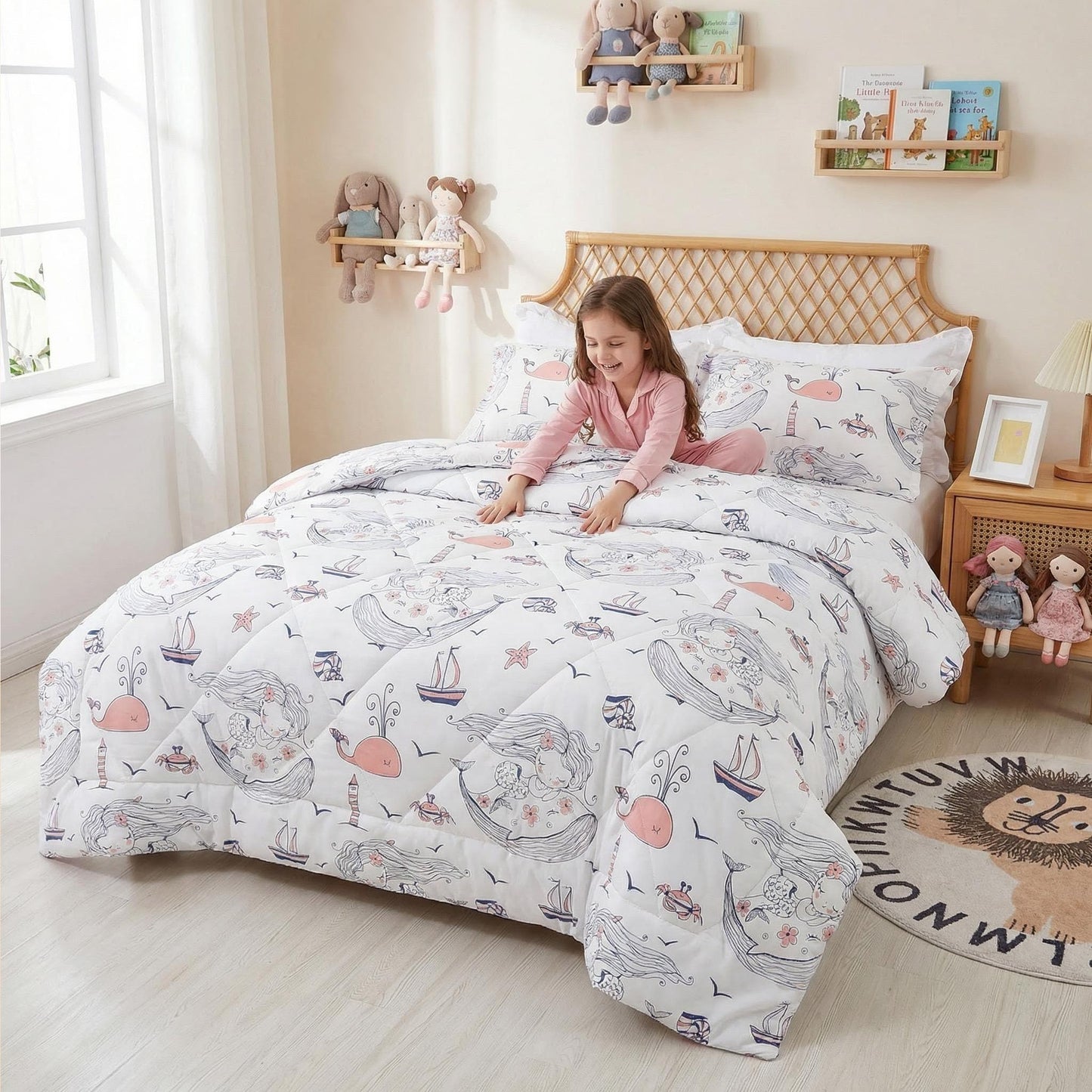 JSD Mermaid Twin Comforter Set for Girls, 2 Piece Ocean Theme Microfiber Comforter with Pillow Sham, Lightweight All Season Washable