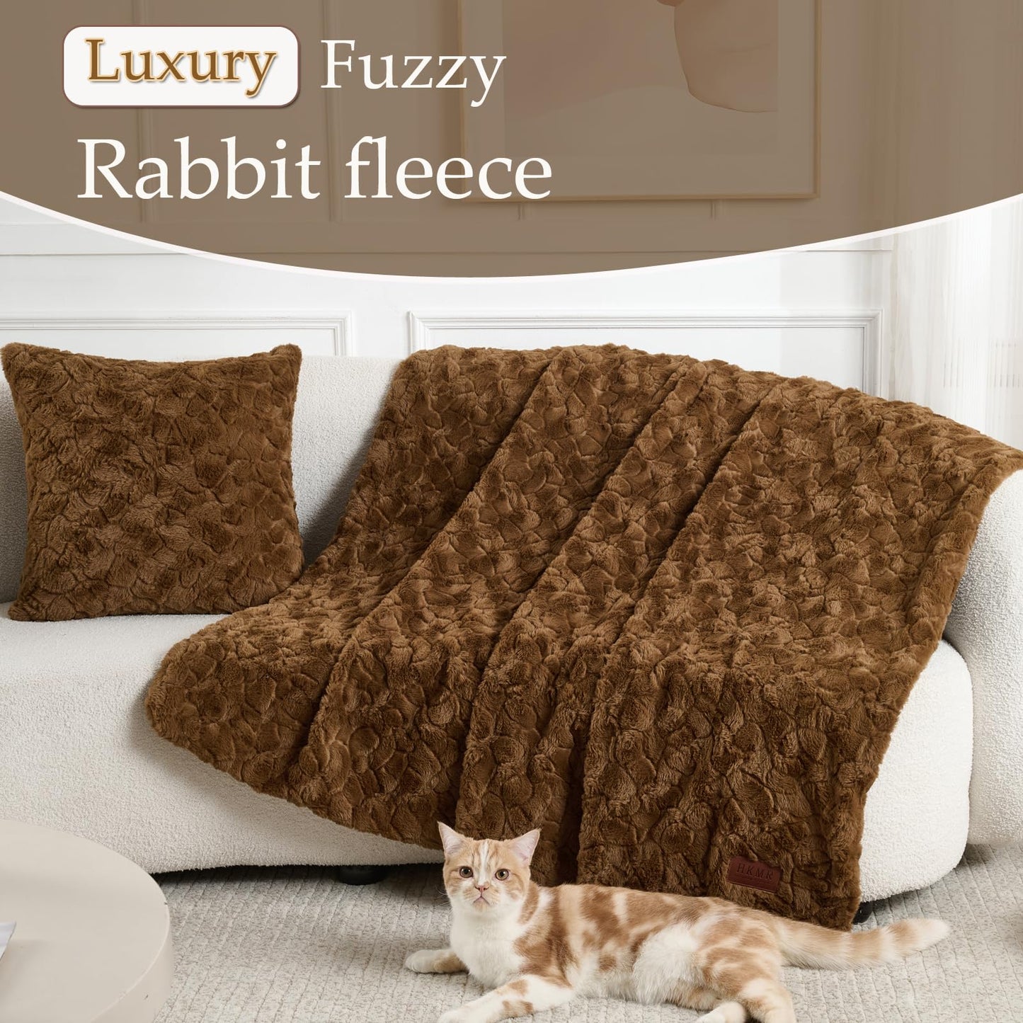 Faux Fur Rabbit Throw Blanket,Super Soft Plush Thick Warm Blanket,Fuzzy Luxury Plush Decorative Blanket for Couch Bed Sofa-Brown(50 * 60inch)