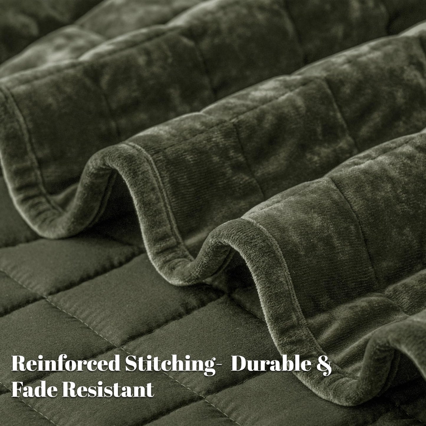 PHF Luxurious Velvet Quilt Set Queen Size – 3PCS Super Soft Quilted Comforter Alternative with Square-Box Quilt Pattern, Warm Quilted Bedspread Coverlet, 90" x 92", Smokey Olive