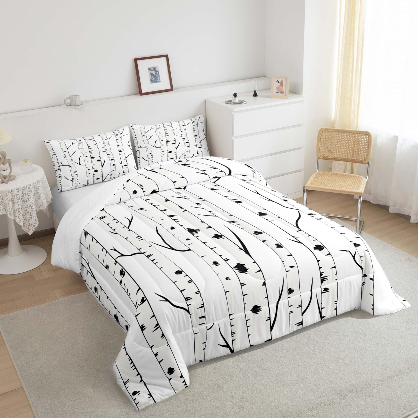 jejeloiu Tree Branches Bedding Set Full Size Kids Botanical Comforter for Boys Girls Nature Comforter Set Black White Duvet Set Room Decorations Quilt Set