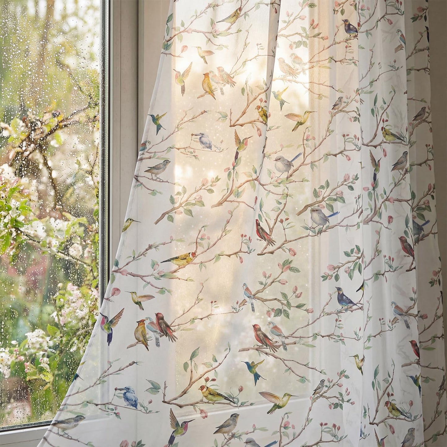 Horaldaily Outdoor Sheer Curtains for Living Room and Bedroom, Birds Branch Floral Window Curtains, Holiday Window Drapes Decor, 52" W x 84" L, Set of 2 Curtain Panels