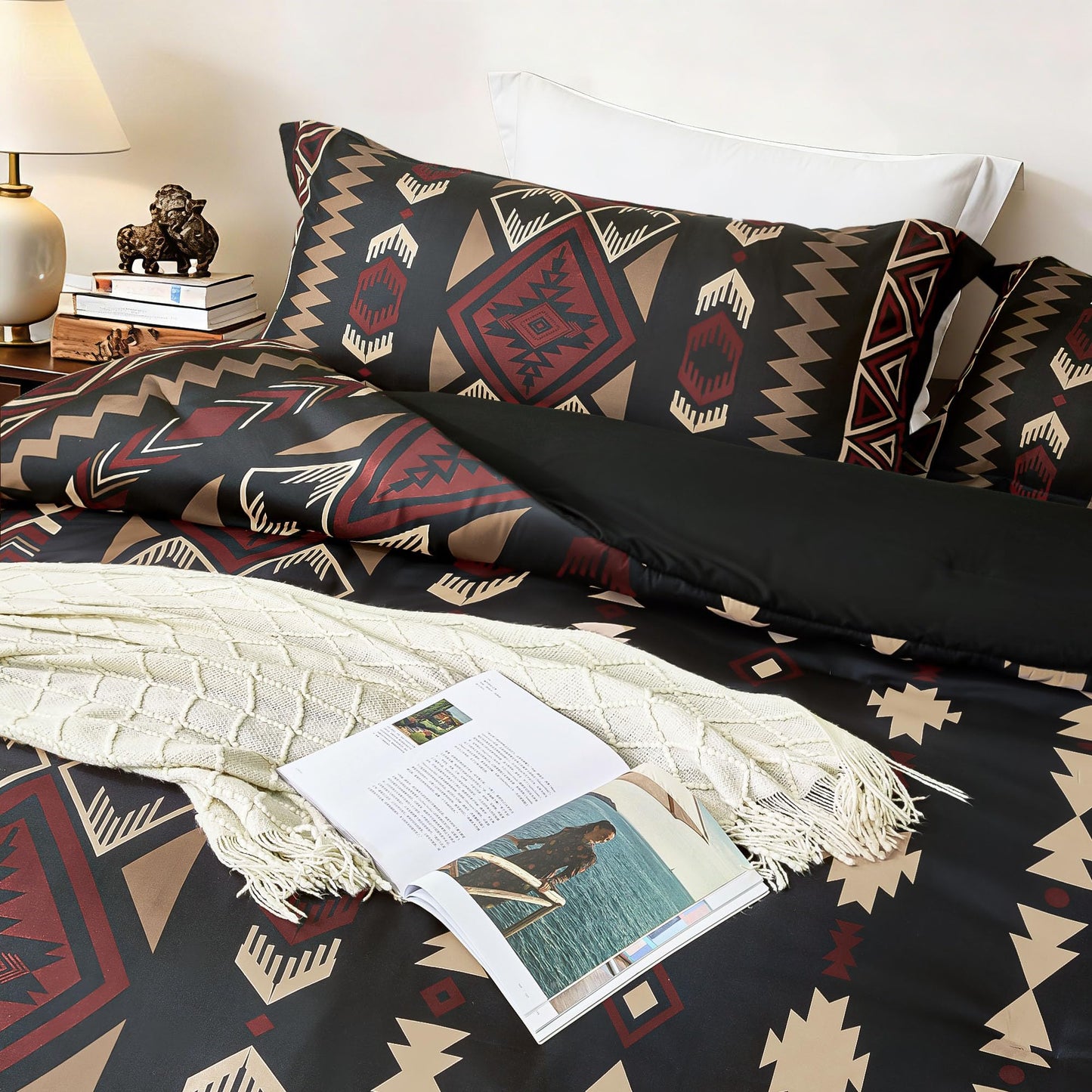 Tyrot King Comforter Set – 3 Piece Black Red Boho Aztec Bedding, Western Southwestern Style Comforter Sets, Soft Lightweight Comforter for All Seasons, 1 Comforter & 2 Pillow Shams