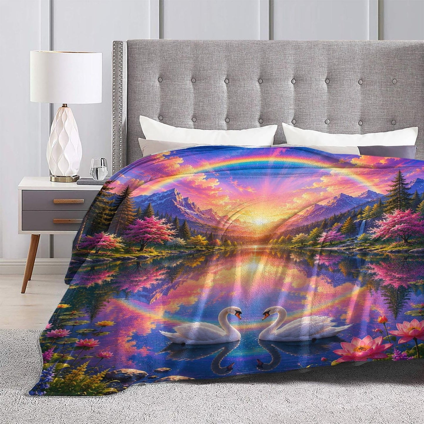 TZJCCMAY Couple Swan Blanket for Kids Women Adults, Fantasy Sunset Lake Throw Blankets, Soft Lightweight Fleece for Bed Sofa Home Living Room Decor, Birthday Gifts, 50x60in