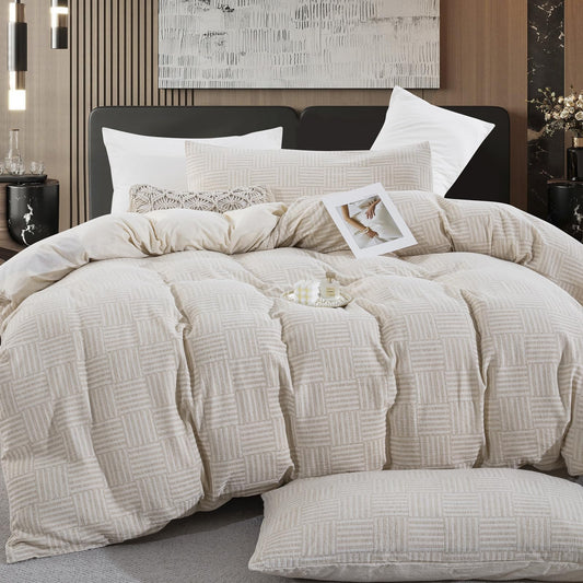 TodaFre Linen Cotton Duvet Cover King Size, Natural Moisture Wicking Beige Grid Weave Textured, Cooling Breathable Bedding Set for Hot Sleepers (Beige, 104" x 90")