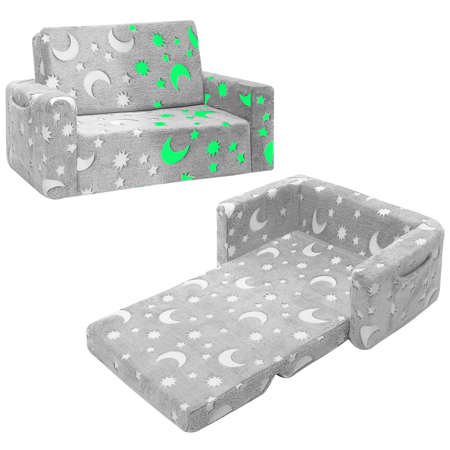 SLIGUY Kids Chair, Toddler Couch, Fold Out Sofa Chair, Toddlers Convertible Sofa to Lounger Pull Out Couch, Glow in The Dark Sofa Chair for Boys and Girls Large (Grey)
