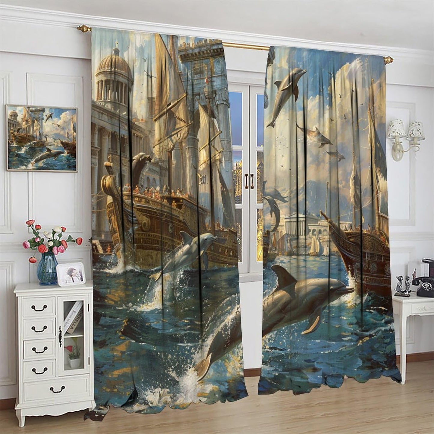 TOWINSFB Medieval Building Dolphin Blackout Curtains for Bedroom Living Room, Nautical Sailboat Seagull Ocean Thermal Insulated Room Darkening Curtain - 42" W x 45" L