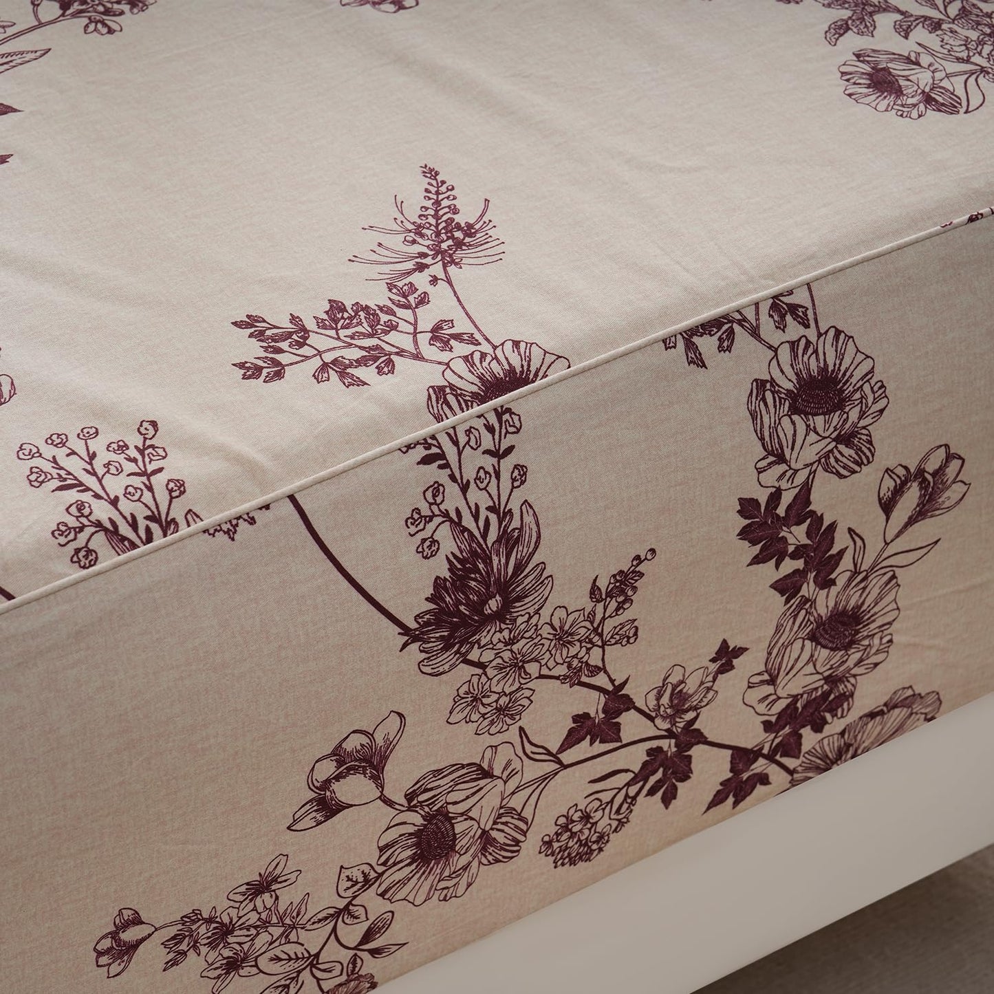 Zusbest Queen Sheet Set 100% Percale Cotton Red Floral Bed Sheet Set, Brushed for Extra Softness, Luxury Toile Flannel Like Sheets Shabby Vintage Flower Print Deep Pocket Sheets 17.5'' 4 Pcs