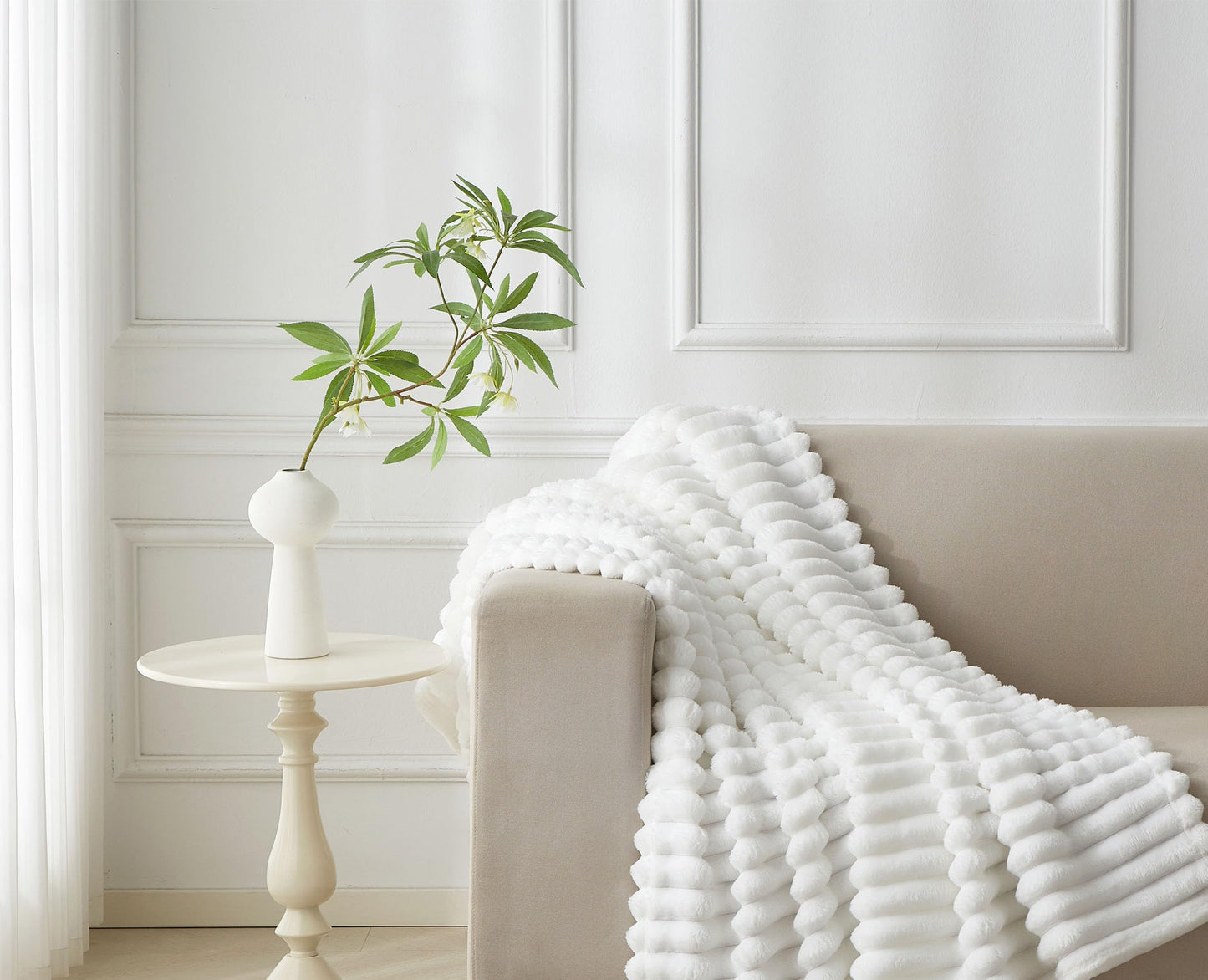 COZYXWORLD 380GSM Heavyweight Ribbed Textured Fleece Blanket, 60x80 Substantial Weight Warm Bed Blankets, Neutral Aesthetic White 60x80 Inches