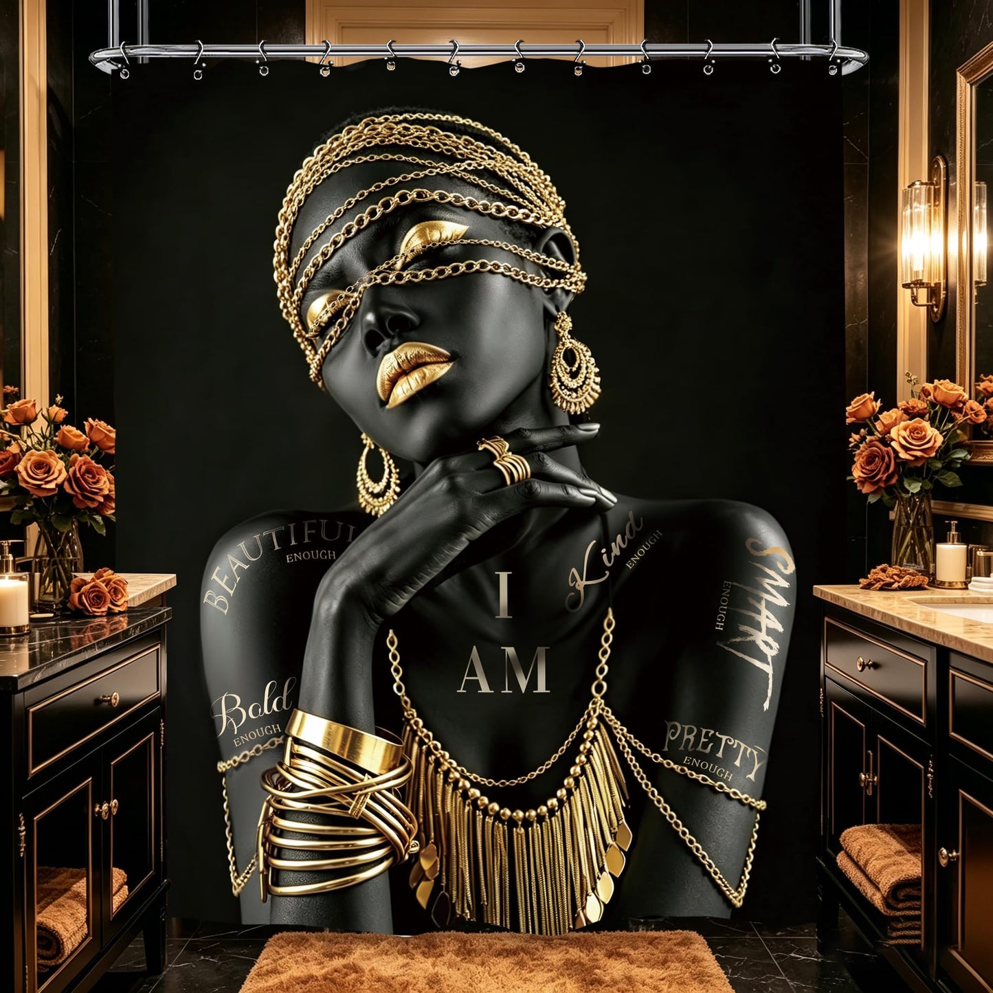 Yookeb African American Flower Bathroom Shower Curtain 60W by 71H Inch Black Gold Girl Woman Sexy Quotes Inspirational Motivational Positive Polyester Fabric 12 Hooks Waterproof Decor
