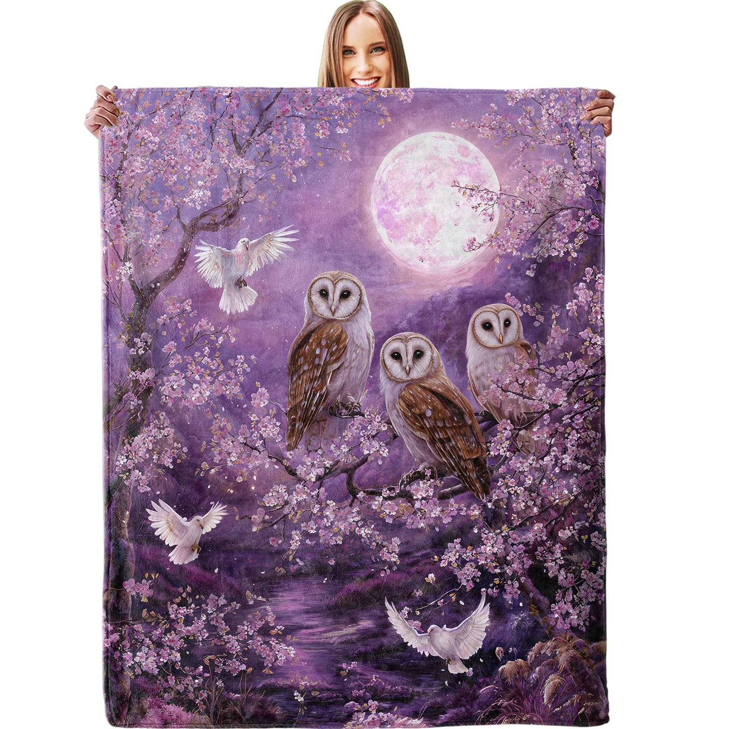 Enchanted Moonlit Owls Blanket, Plush Soft Lightweight Warm Cozy Flannel 60×50 inch Throw Blanket with Night Forest Bird Pattern for Couch, Travel, Bed, Outdoor, Gifts for Kids Adults Women Girls