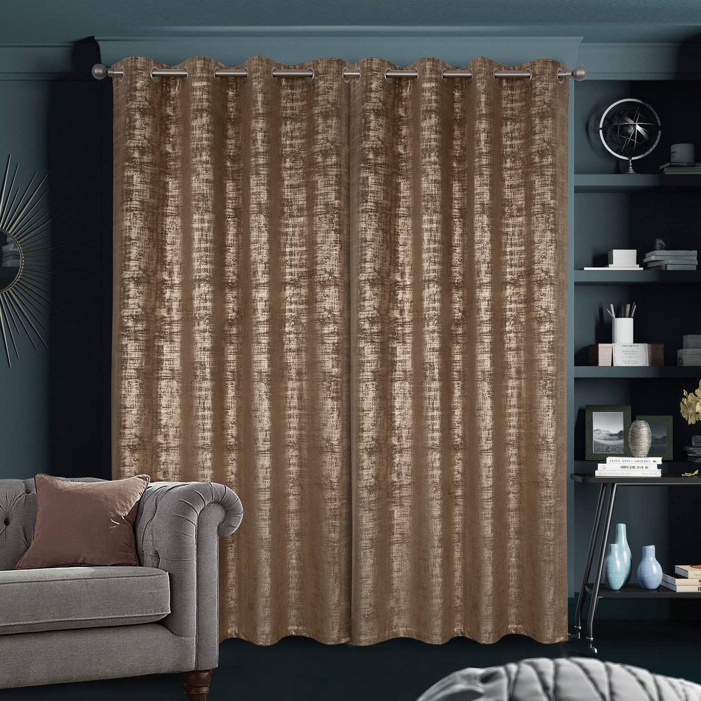 always4u Mocha Soft Velvet Curtains 95 Inch Length Luxury Bedroom Curtains Gold Foil Print Window Treatments for Living Room Bedroom Set of 2