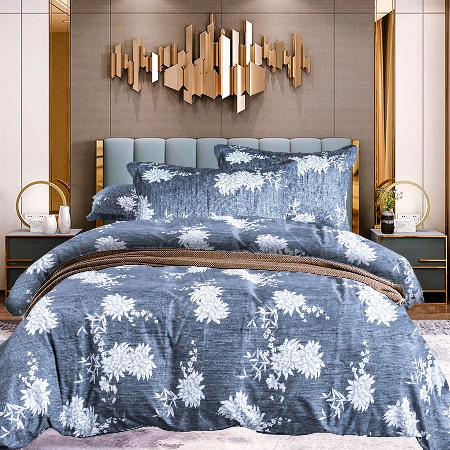 BoL CamelliaCasa Large Bed Set - Floral Pattern Bed Set, 4-piece Bedding, 1 Soft Plant Floral Duvet Cover, 1 Comfortable Plant Bed Sheet, and 2 Pillowcases (Indigo, Queen 90 * 90)