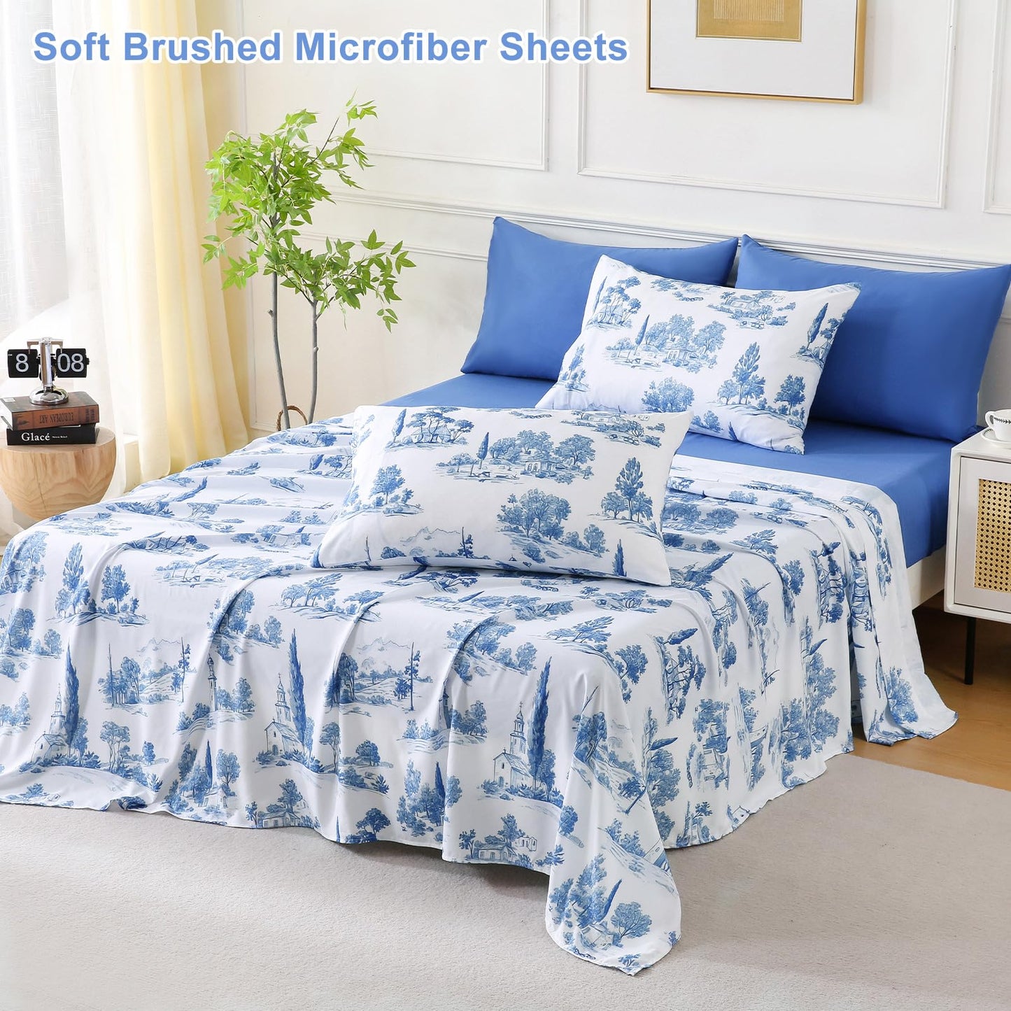 Botanical 6-Piece Queen Bed Sheets Set, Boho Floral Print Brushed Microfiber Sheets, Cooling Bed Sheet Set, Ultra Soft & Breathable, 16' Deep Pocket Fitted Sheet & Pillowcase Set, Blue Floral