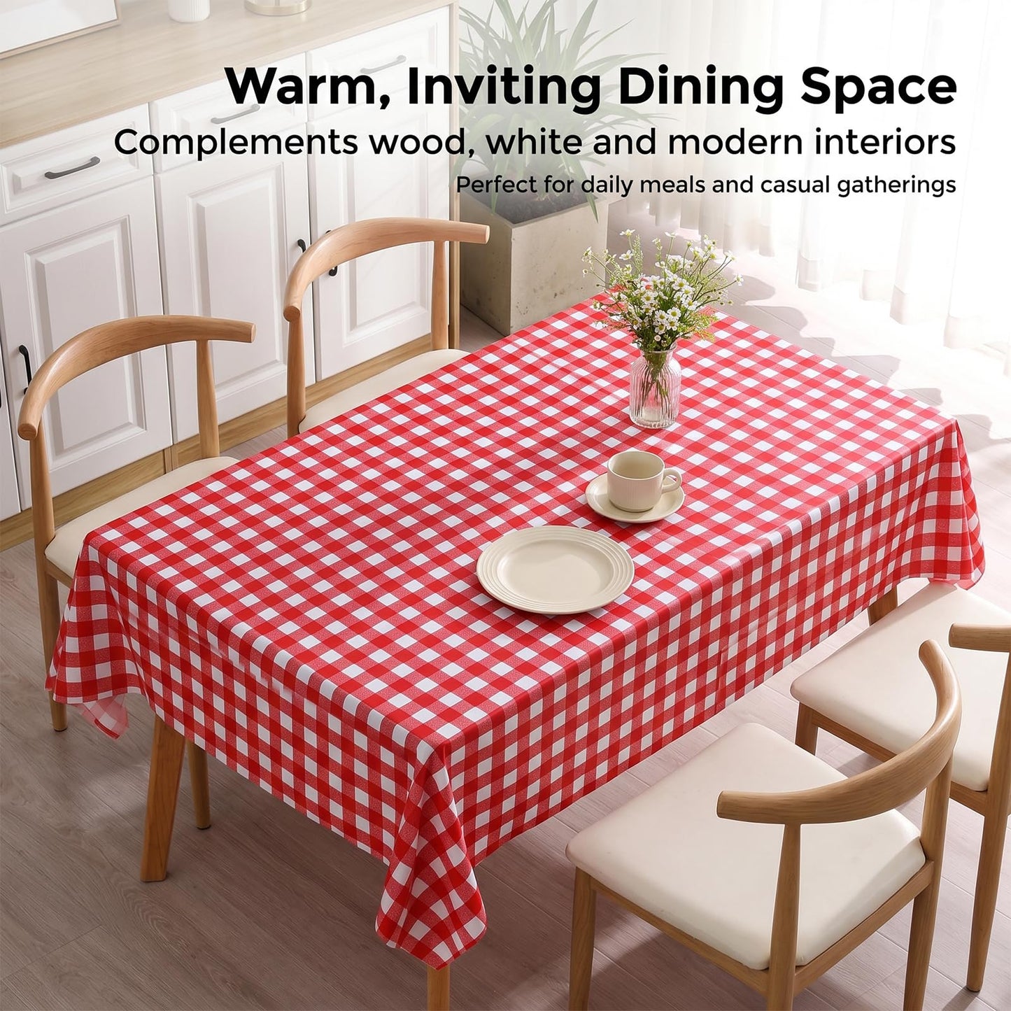 Qvthpv Waterproof PVC Tablecloth Rectangle 70"x55" - Oil Proof Heatproof Kitchen Table Cover with Soft Flannel Backing - Stain Resistant Everyday Dining & Holiday Decoration (red)