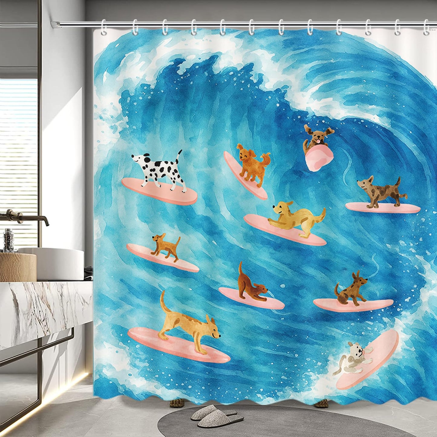 MEHOFOND Cute Dog Shower Curtain Funny Surfing Dog Summer Shower Curtain for Bathroom for Kids Kawaii Cartoon Pet Animal Ocean Bathtub Home Decor Fabric Waterproof Washable Bath Curtain 72x72 Inch