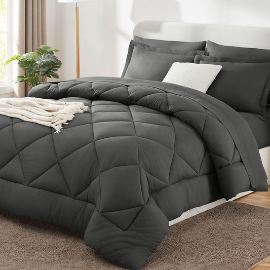 CozyLux Queen Comforter Set Dark Grey - Bed in a Bag Queen Size 7 Pieces, Luxury Soft Bed Set for All Seasons, Bedding Set with Comforter, Sheets, Pillowcases & Shams, Dark Gray, Queen