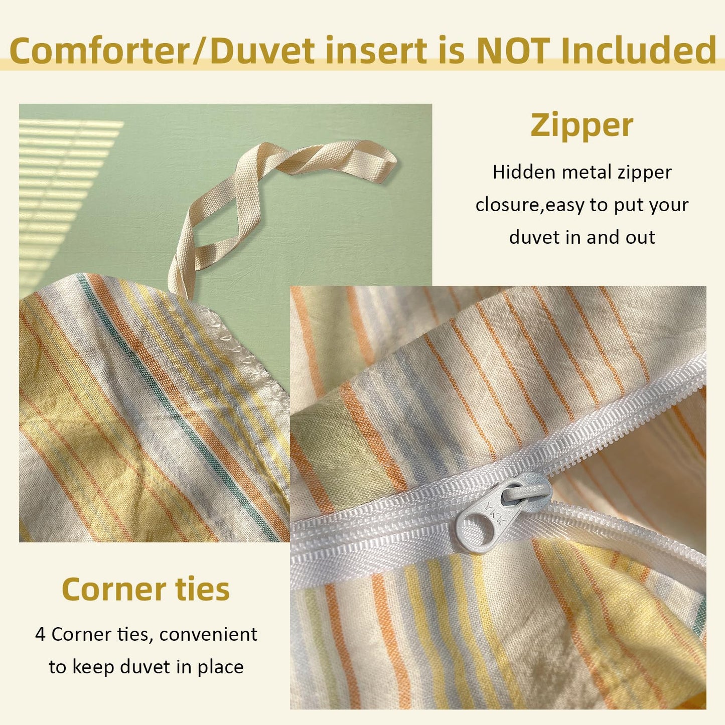 EAVD Retro Striped Duvet Cover Queen Soft Washed Cotton Colorful Wide Pinstriped Bedding Set with 2 Pillowcases Modern Farmhouse Geometric Pattern Duvet Cover with Zipper Closure
