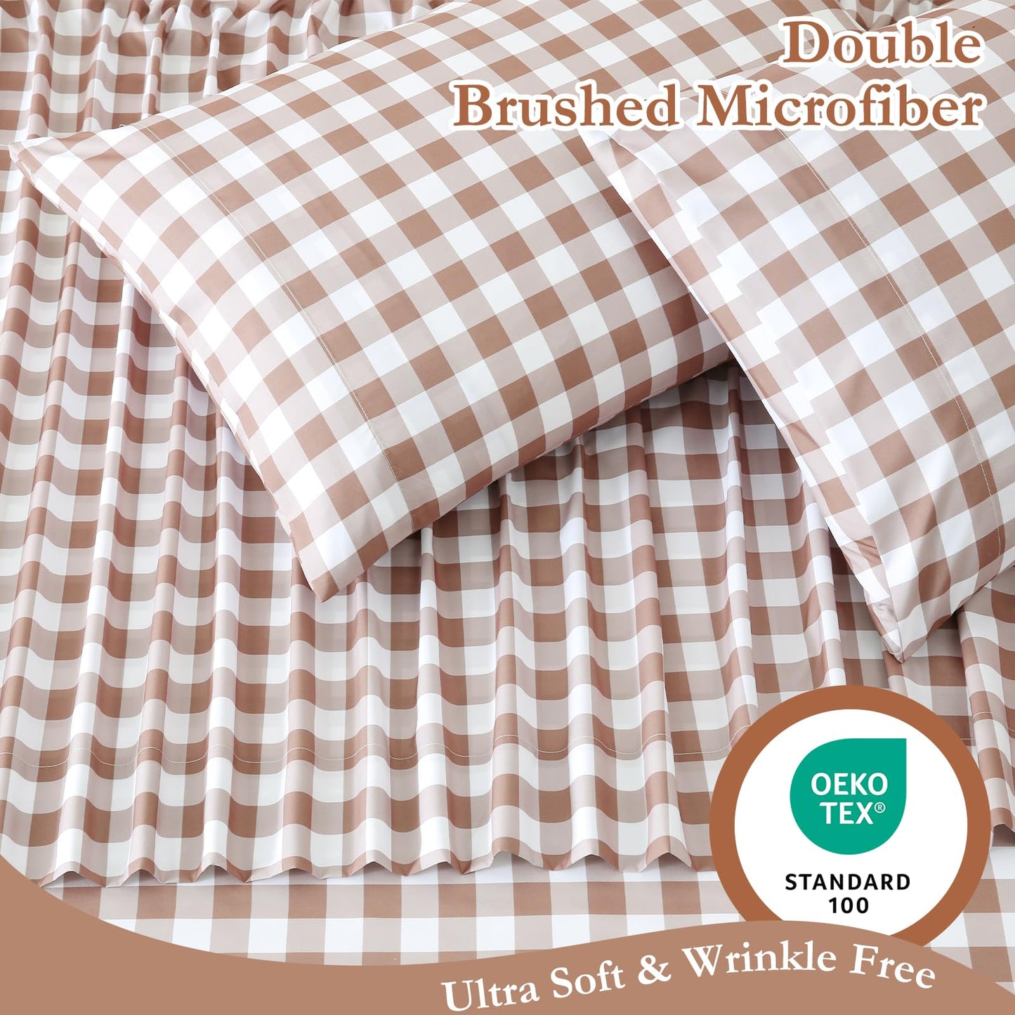 MICORAL Queen Sheet Set Tan Gingham Plaid, 4-Piece Brushed Microfiber Taupe Grid Bed Sheets, 16" Deep Pocket, Ultra Soft & Cooling Sheet, Oeko-TEX Certified, Light Brown