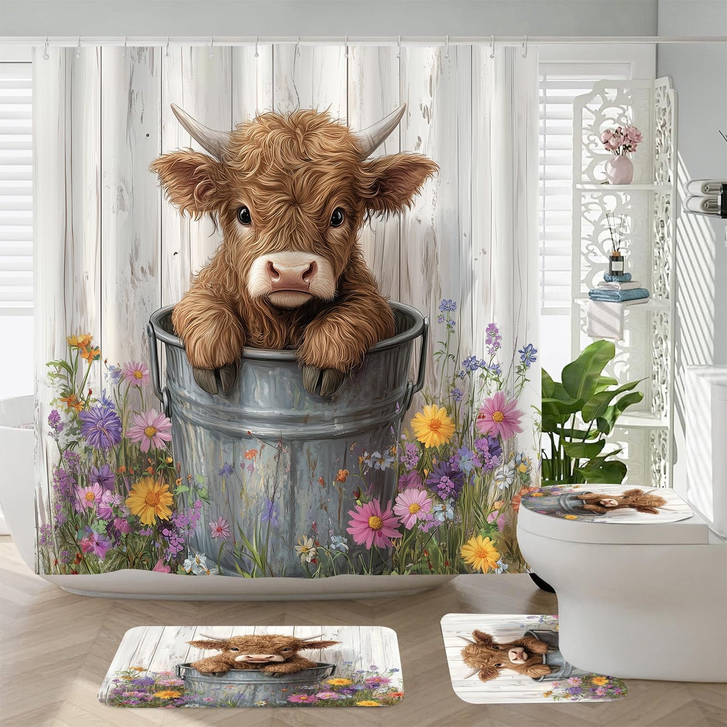 Sokdcam 4 Pcs Farmhouse Highland Cow Shower Curtain Sets with Rugs Wooden Bathroom Set, RusticCute Cow Floral Flowers Home Bath Bathtub Decor for Bathroom 72 x 72 Inch
