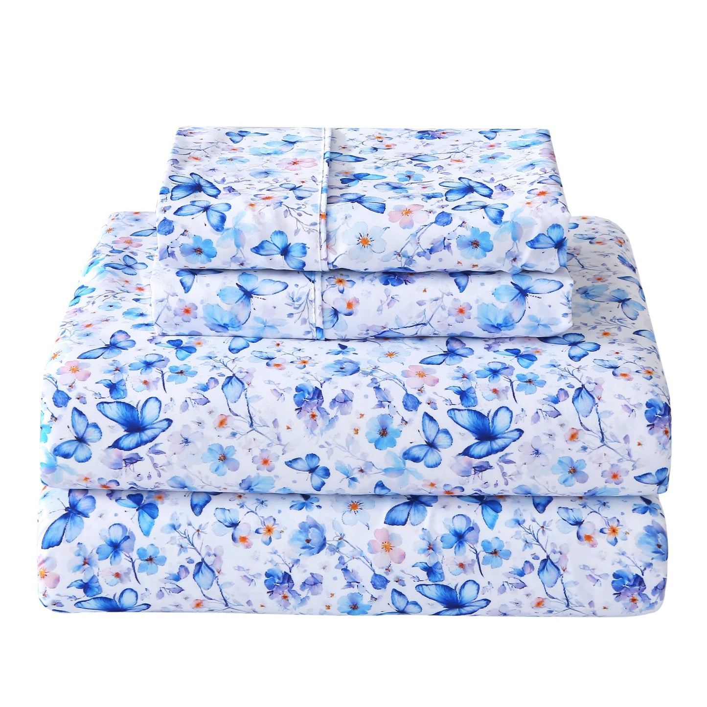 Softan Queen Floral Sheets, Microfiber Blue Flower Printed Fitted Sheets with Non-Slip Corner Straps and 15" Deep Pocket, Butterfly Patterned Cozy Bed Sheets & Pillowcase Sets