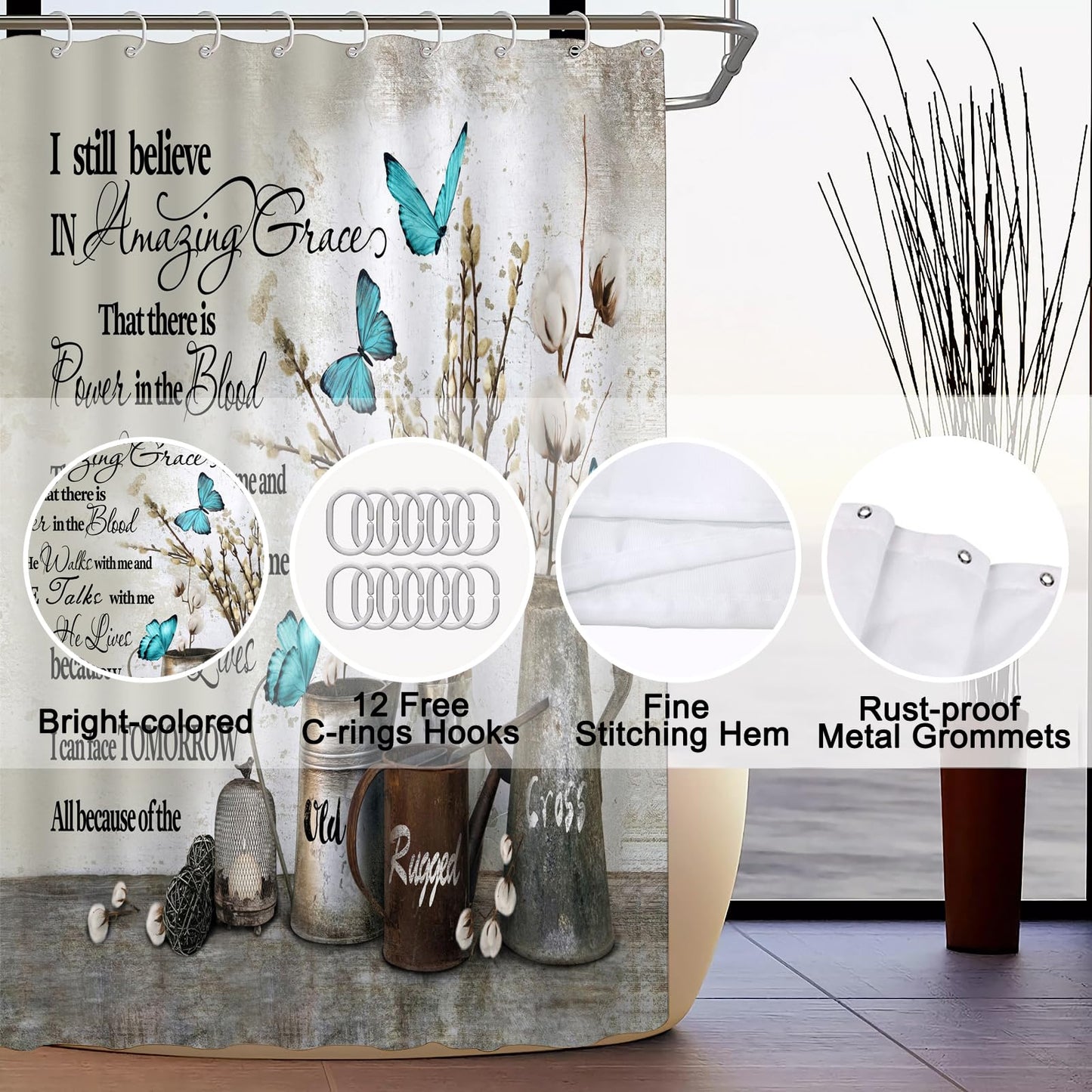 ALEXEX 4 PCS Floral Bible Verse Shower Curtain Sets,Inspirational Quotes Bathroom Set with Shower Curtain and Rugs and Accessories,Farmhouse Floral Blue Butterfly Shower Curtain Bathroom Decor 72 X 72
